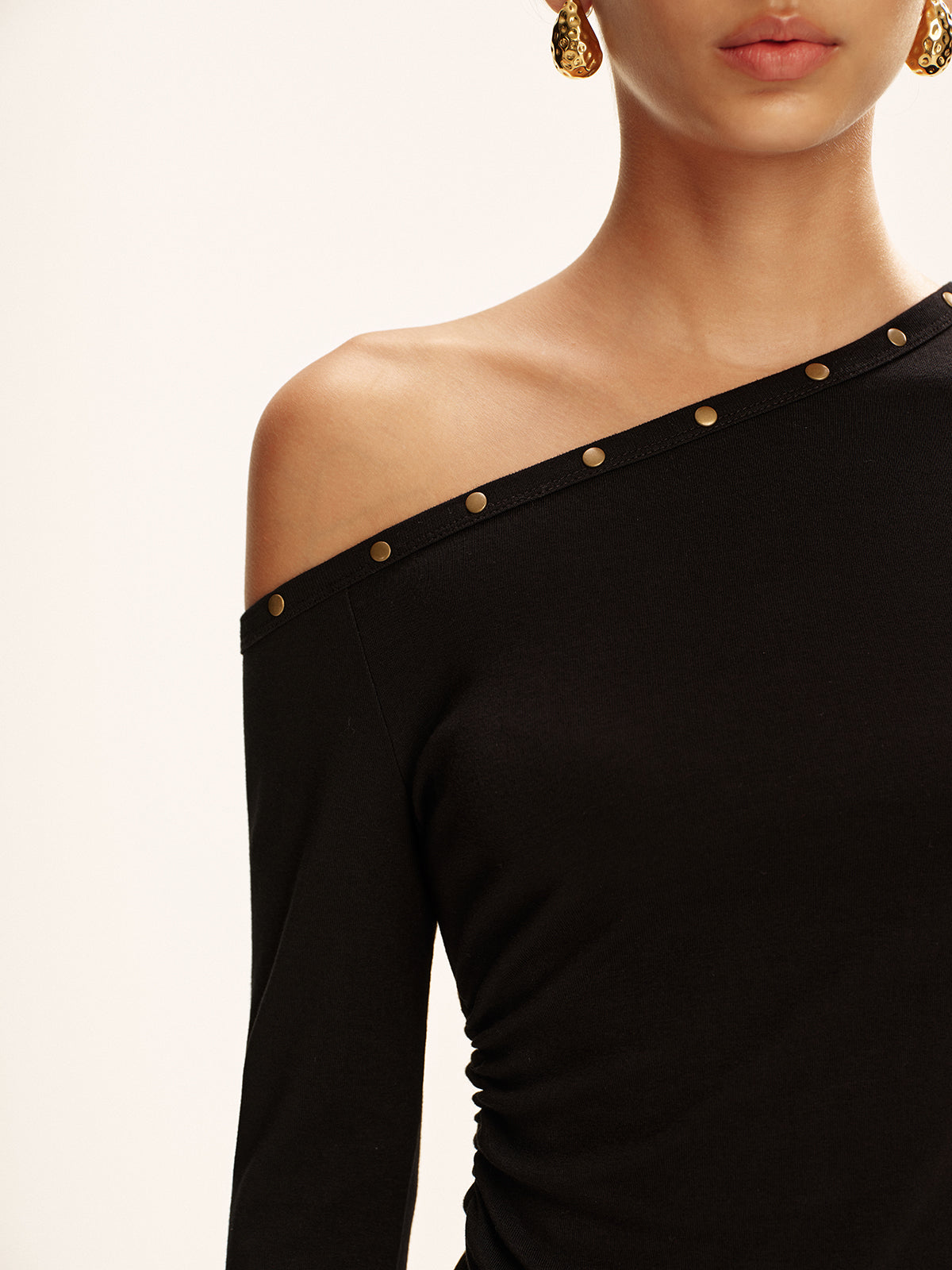 Studded Off Shoulder Long Sleeve T-Shirt-Massicos
