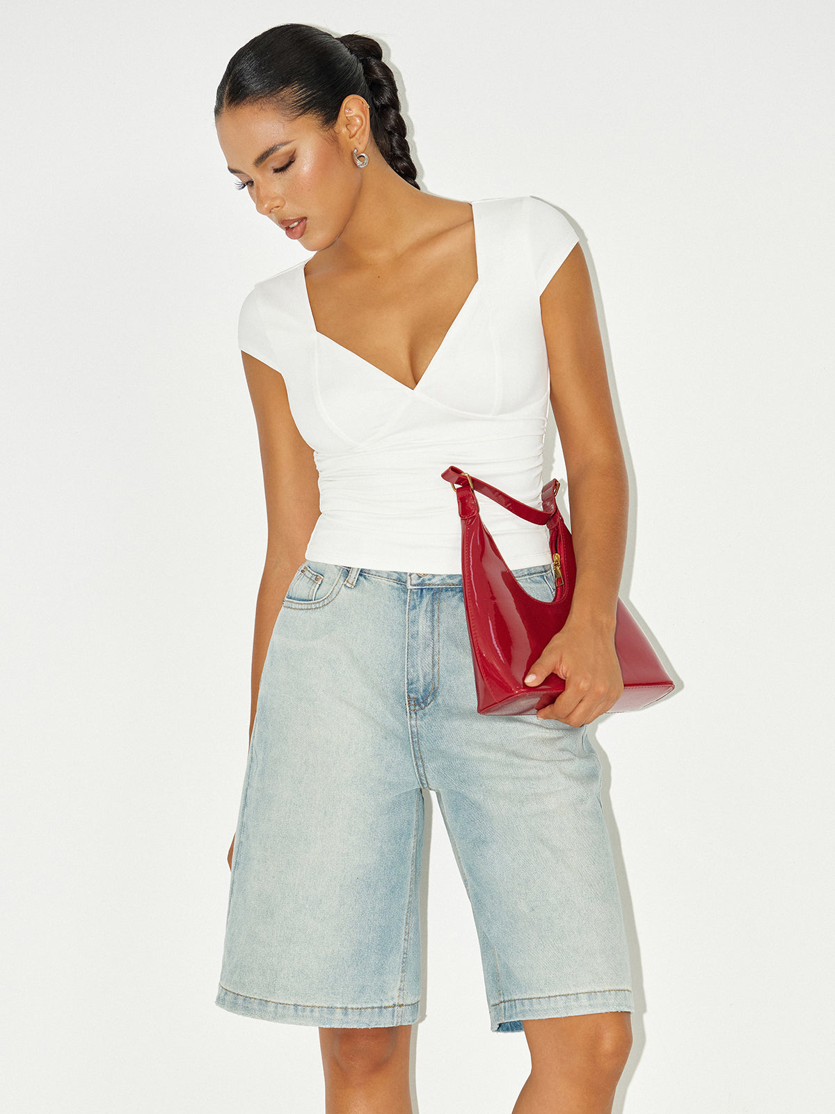 Ruched V-Neck Cap Sleeve T-Shirt-Massicos