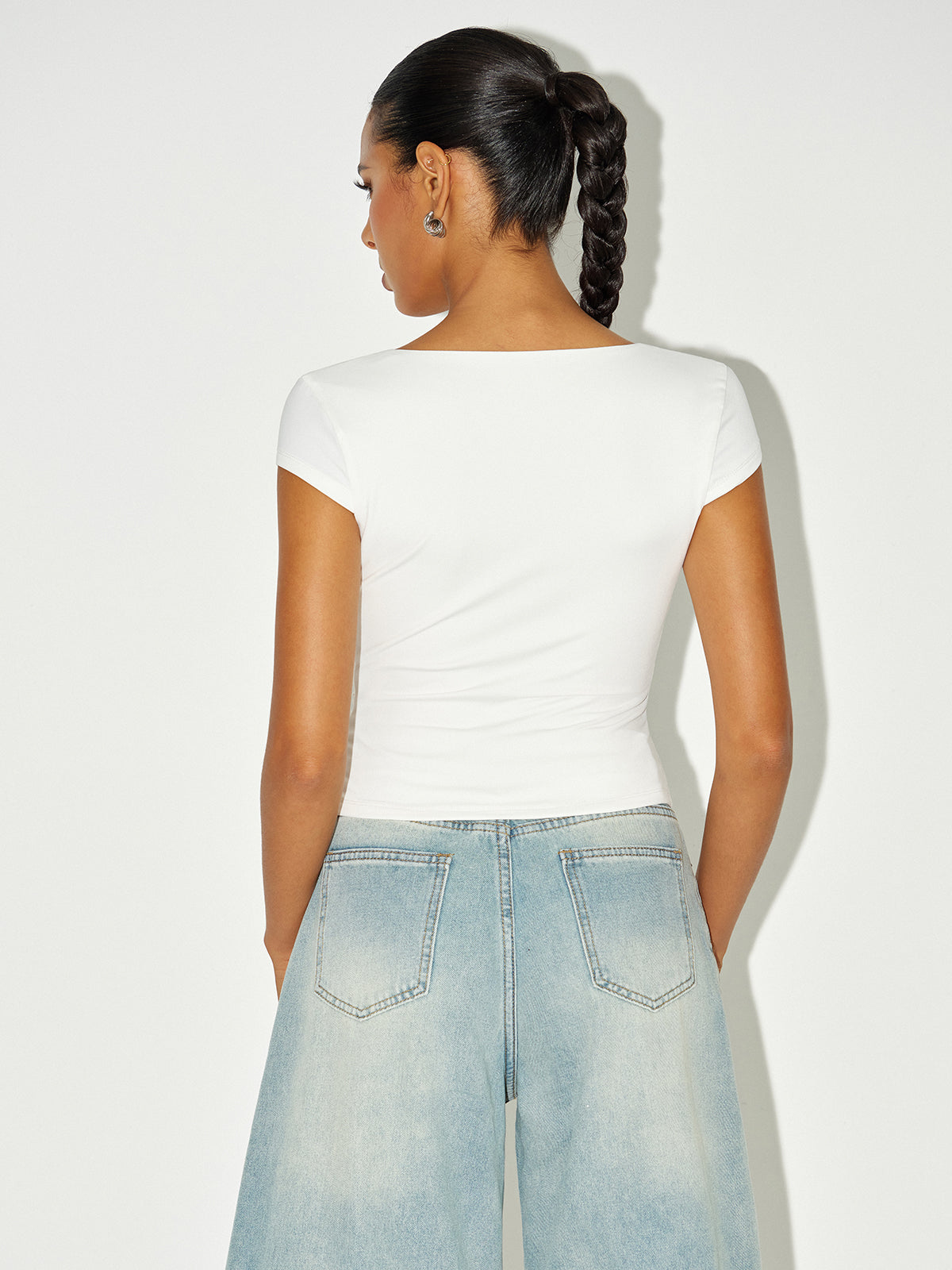 Ruched V-Neck Cap Sleeve T-Shirt-Massicos