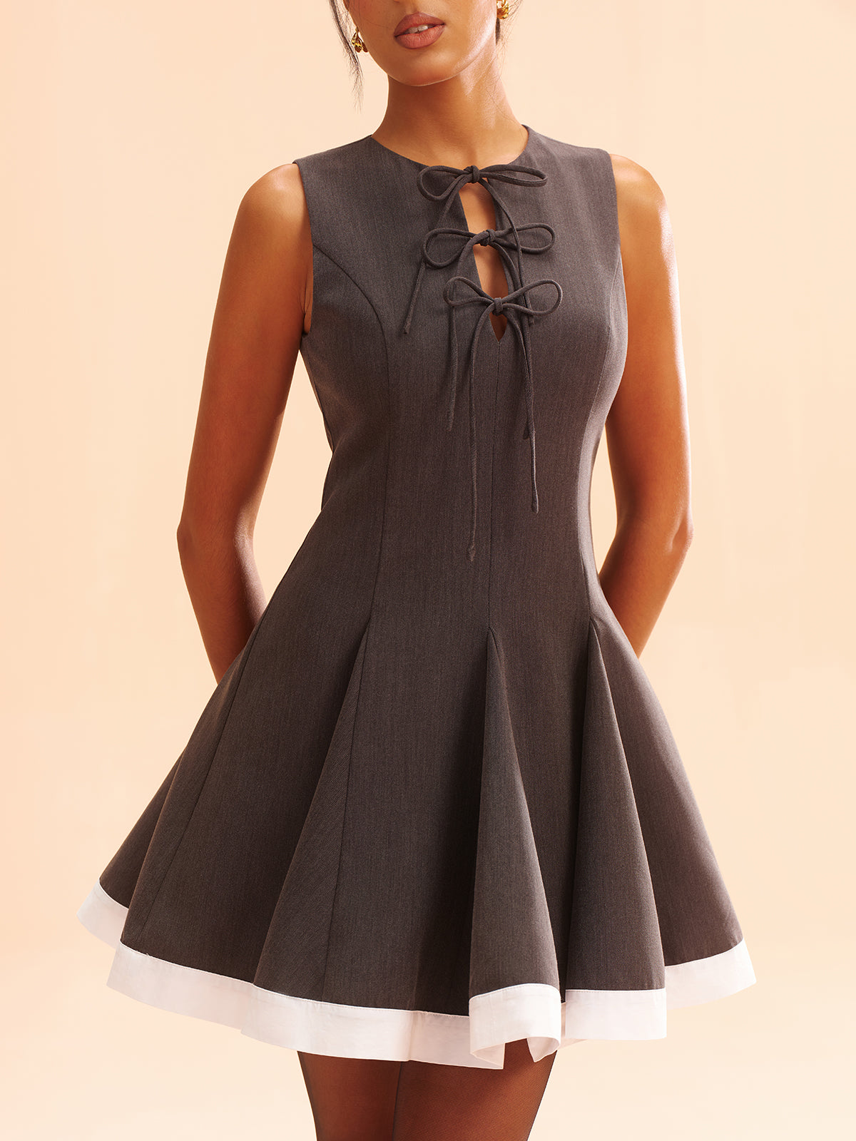 Bow-Tie Front Contrast Trim Mini Dress-Massicos