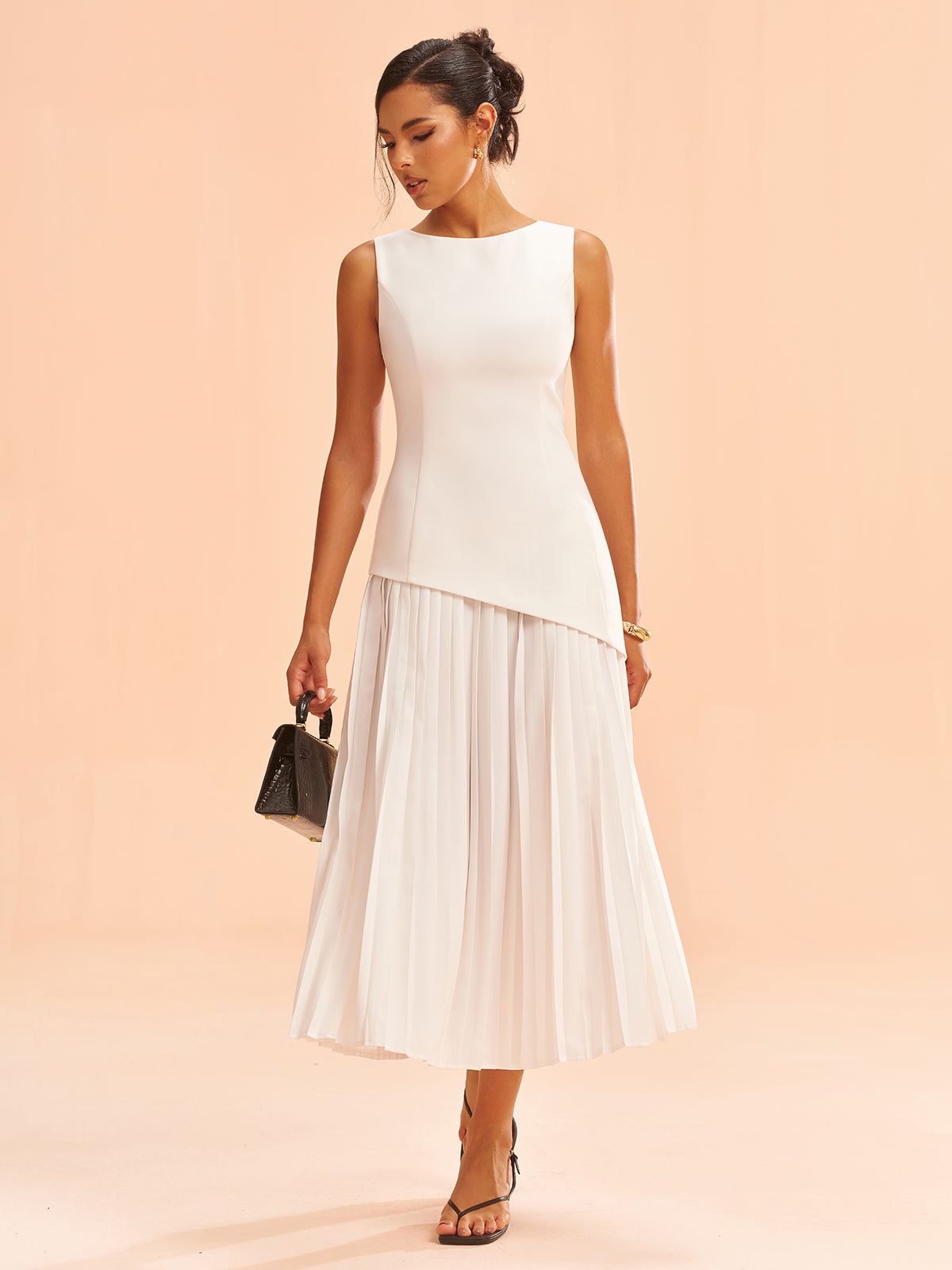 Sleeveless Asymmetric Pleated Midi Dress-Massicos