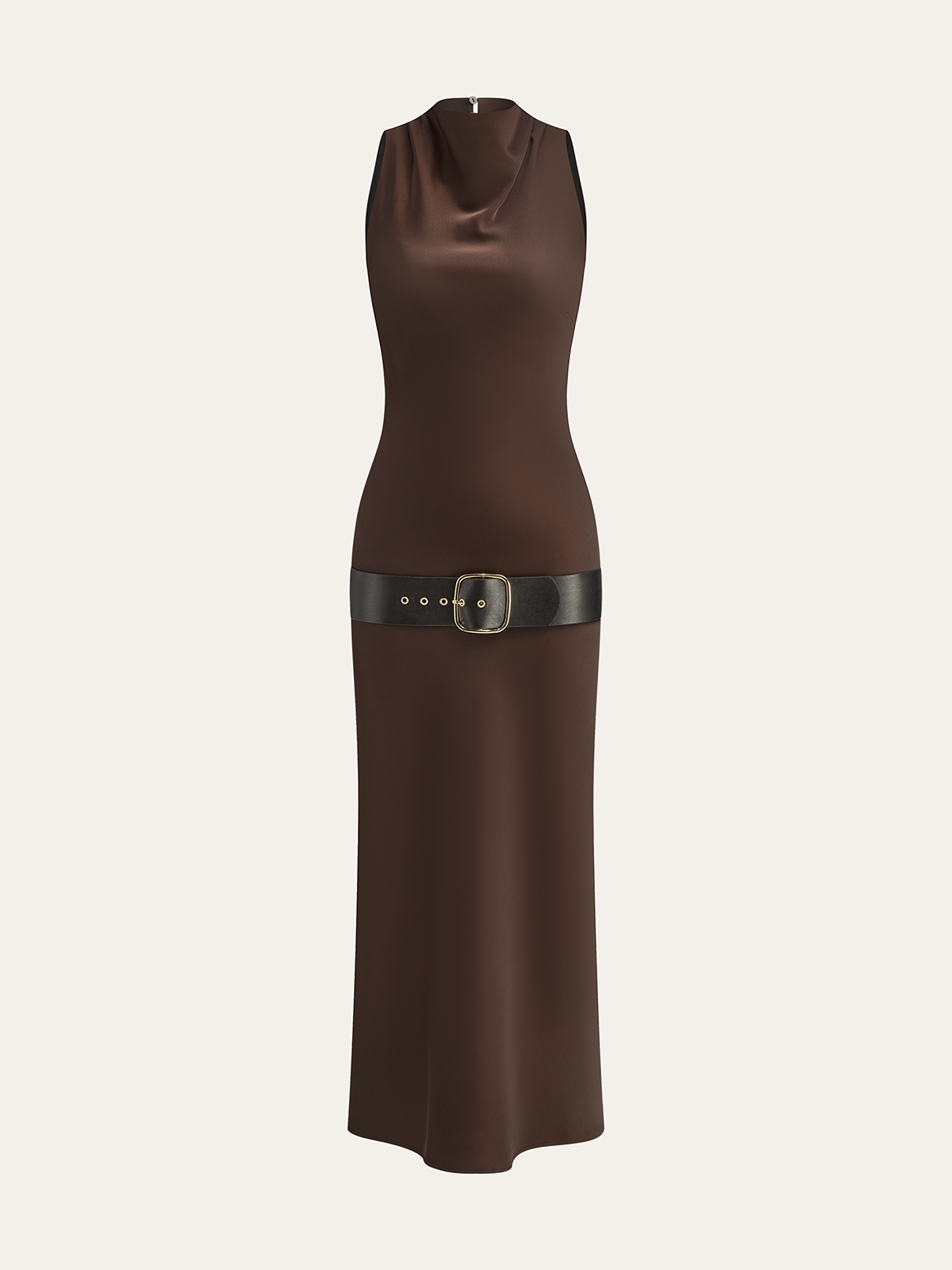 Satin Cowl Neck Midi Dress with Belt-Massicos