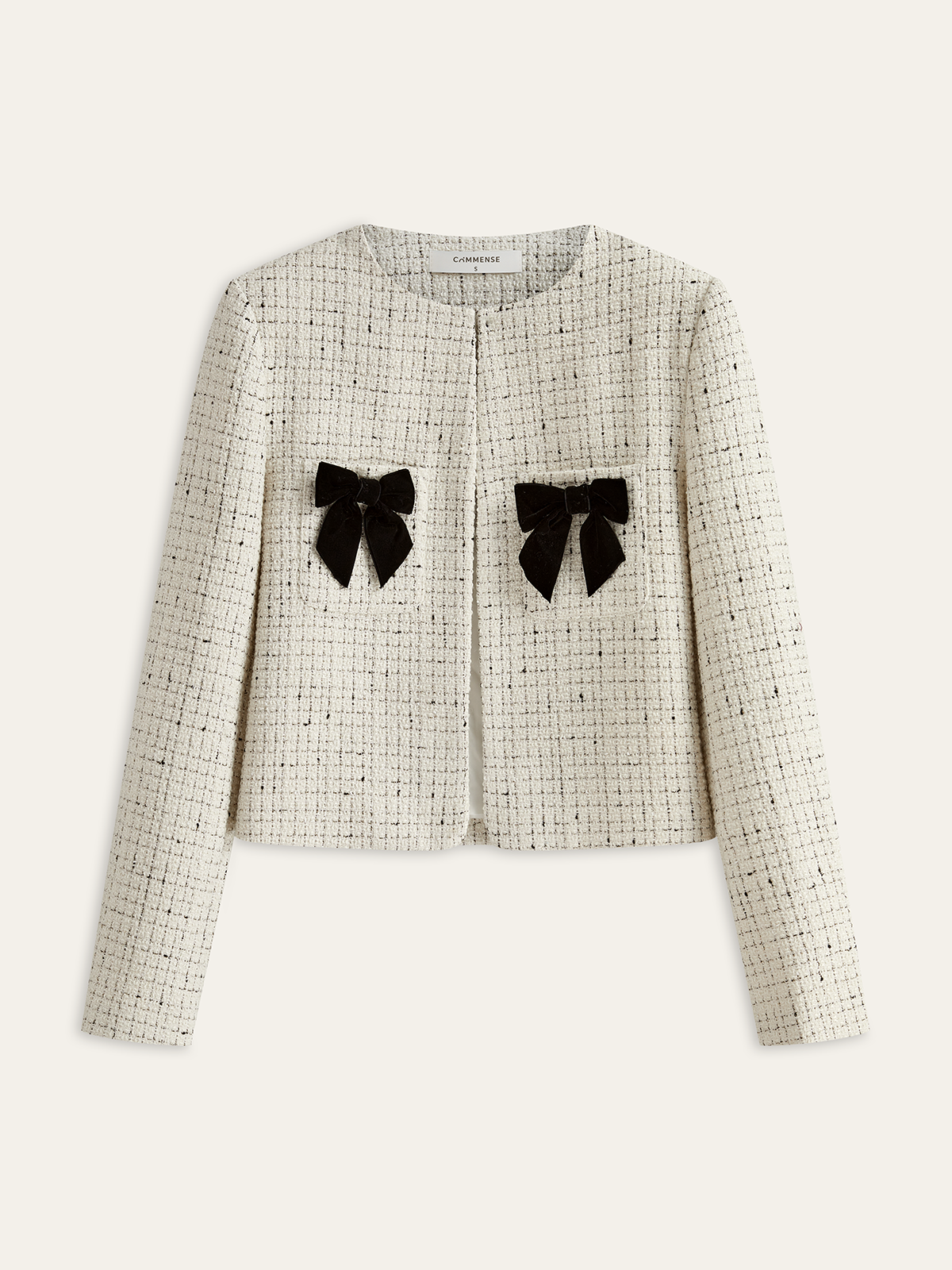 Tweed Contrast Bow Round Neck Jacket-Massicos