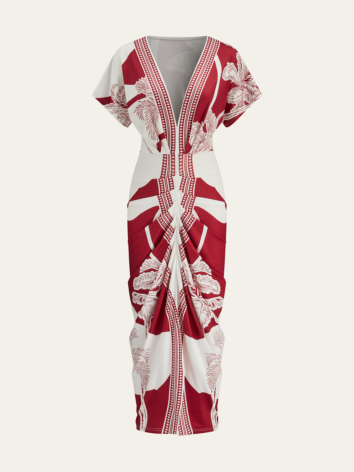Printed Deep V-Neck Midi Dress Without Belt-Massicos