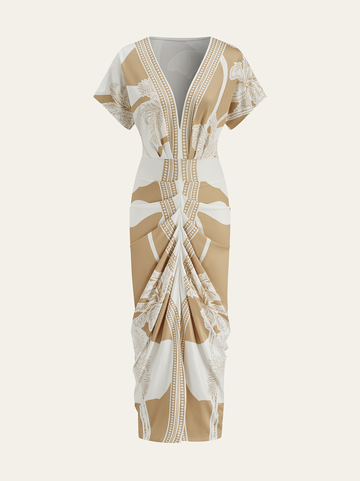 Printed Deep V-Neck Midi Dress Without Belt-Massicos