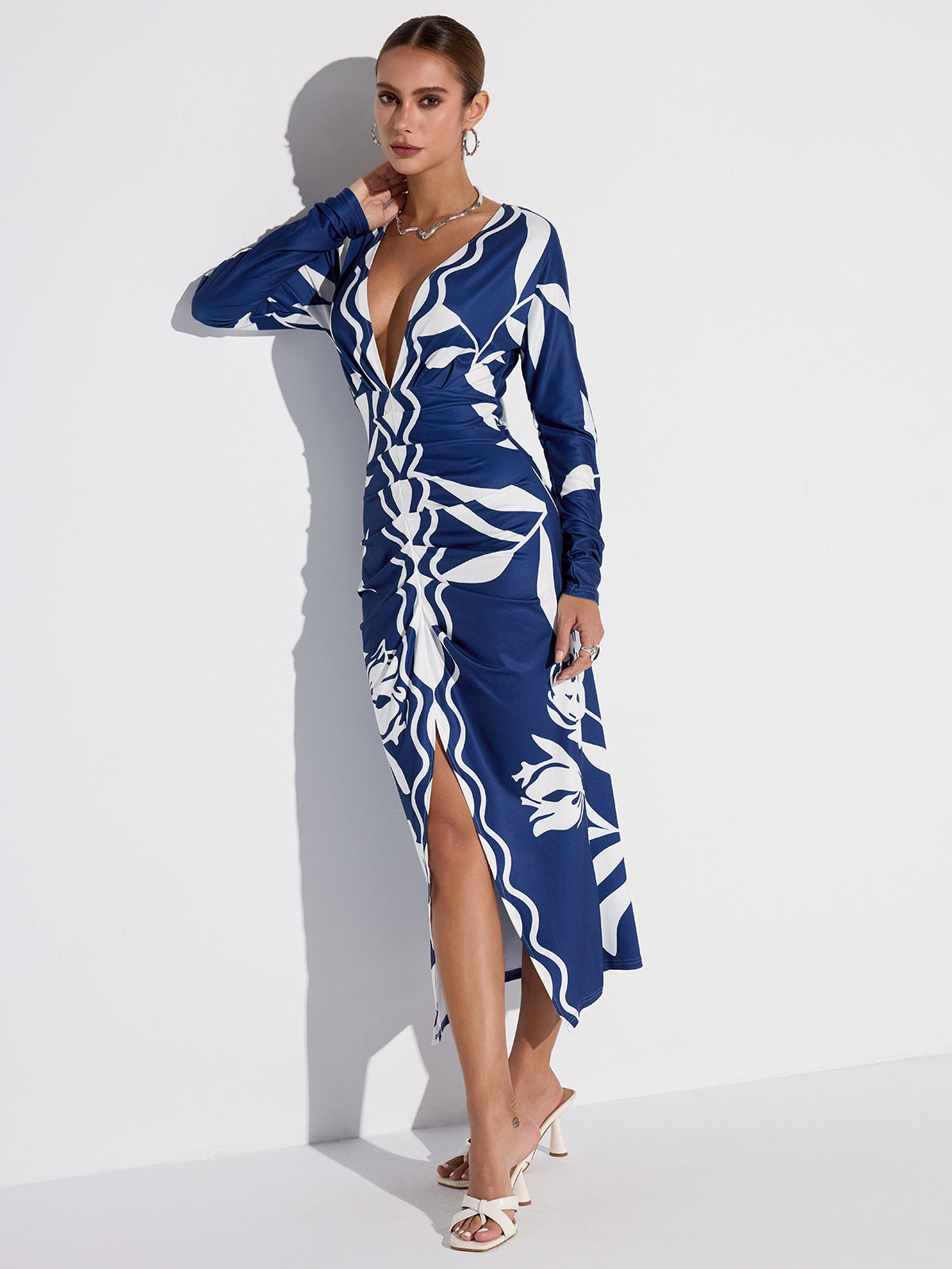 Printed Plunge Neck Slit Midi Dress-Massicos