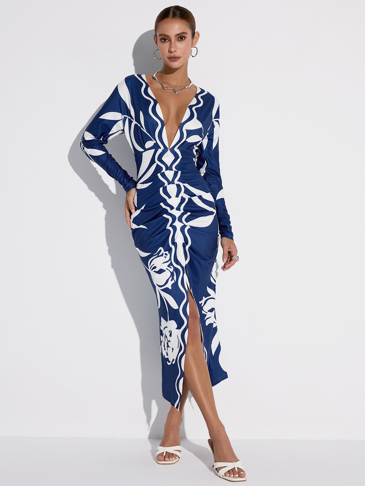 Printed Plunge Neck Slit Midi Dress-Massicos