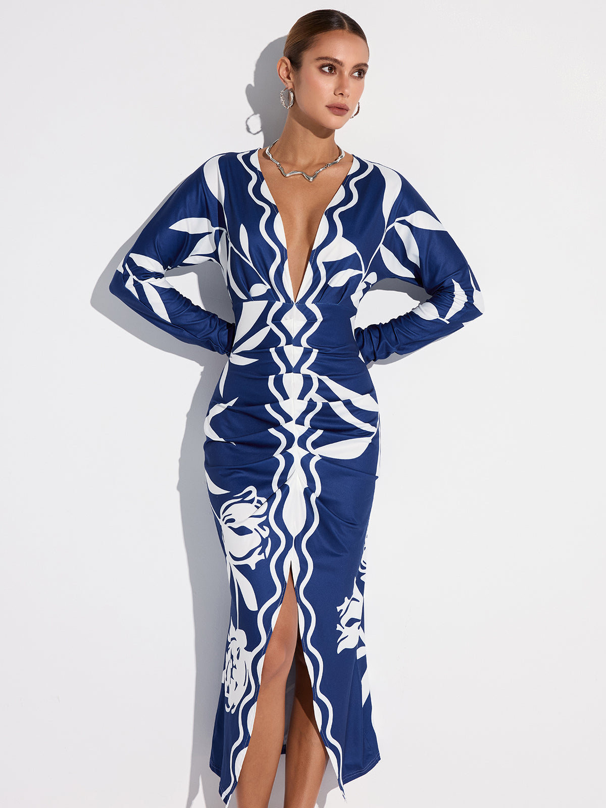 Printed Plunge Neck Slit Midi Dress-Massicos