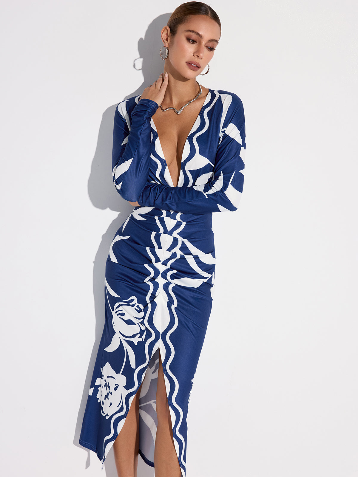 Printed Plunge Neck Slit Midi Dress-Massicos