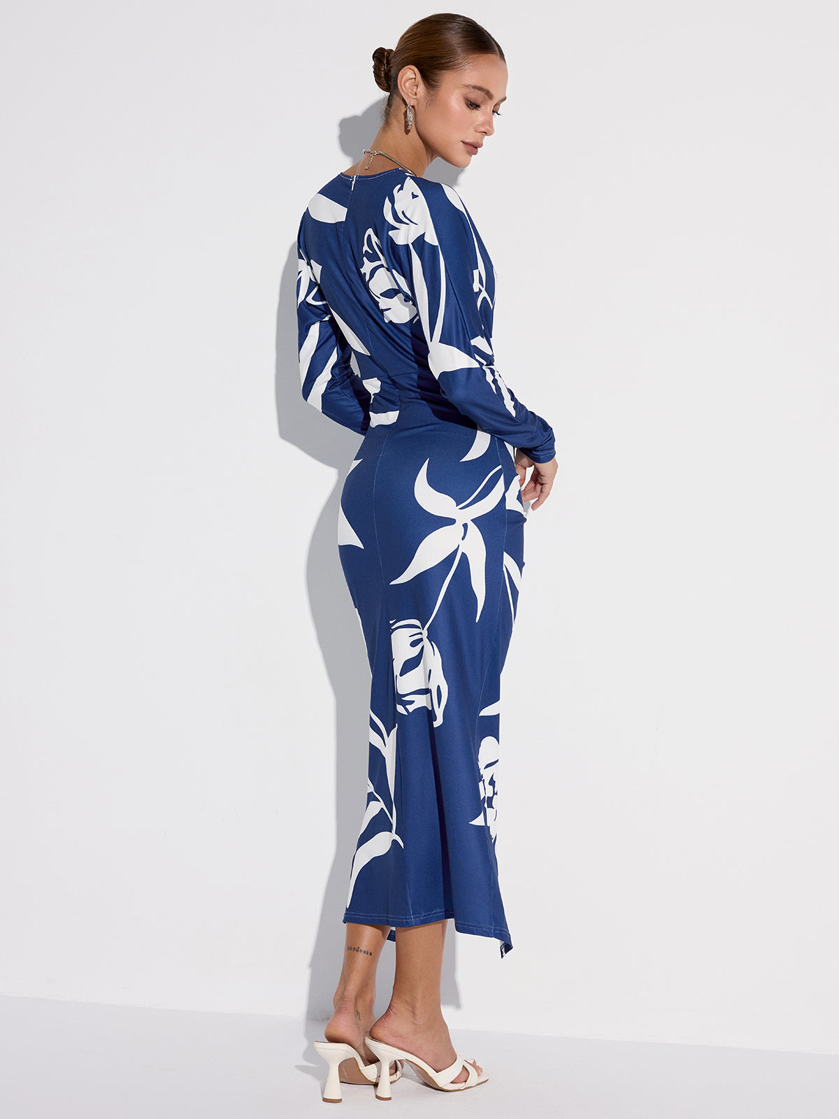 Printed Plunge Neck Slit Midi Dress-Massicos
