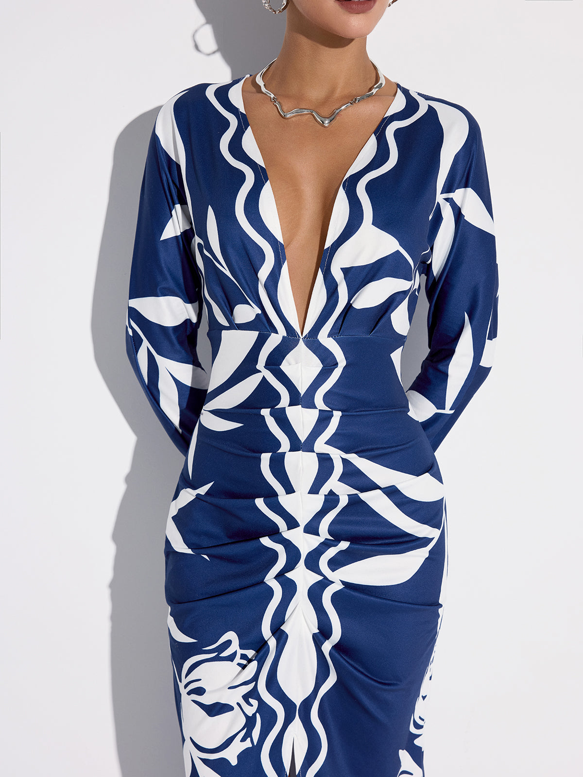 Printed Plunge Neck Slit Midi Dress-Massicos