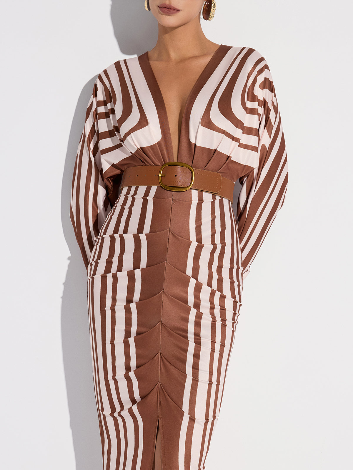 Striped Plunge Neck Slit Midi Dress without Belt-Massicos