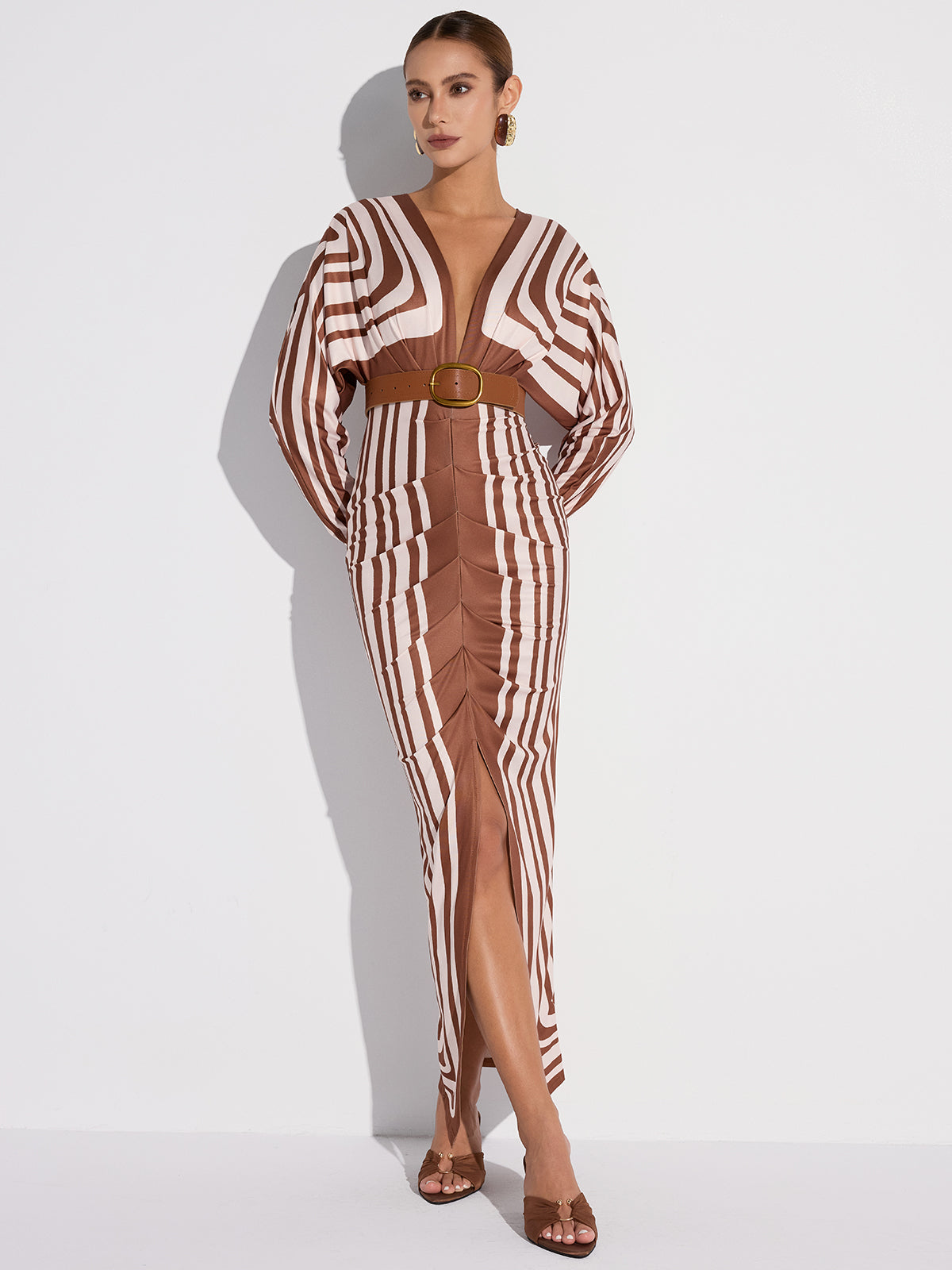 Striped Plunge Neck Slit Midi Dress without Belt-Massicos