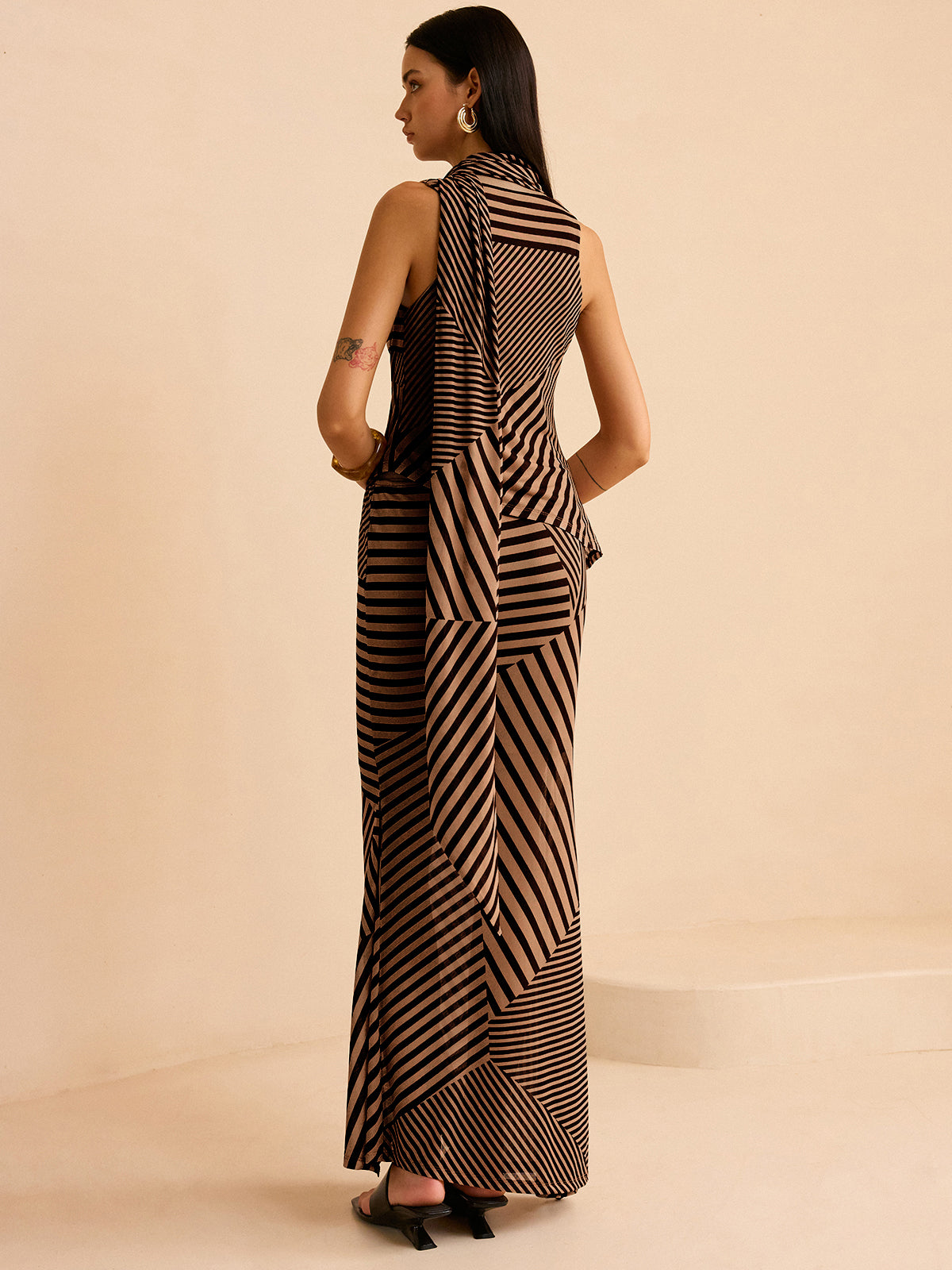 Striped Draped Neckline Skirt Set-Massicos