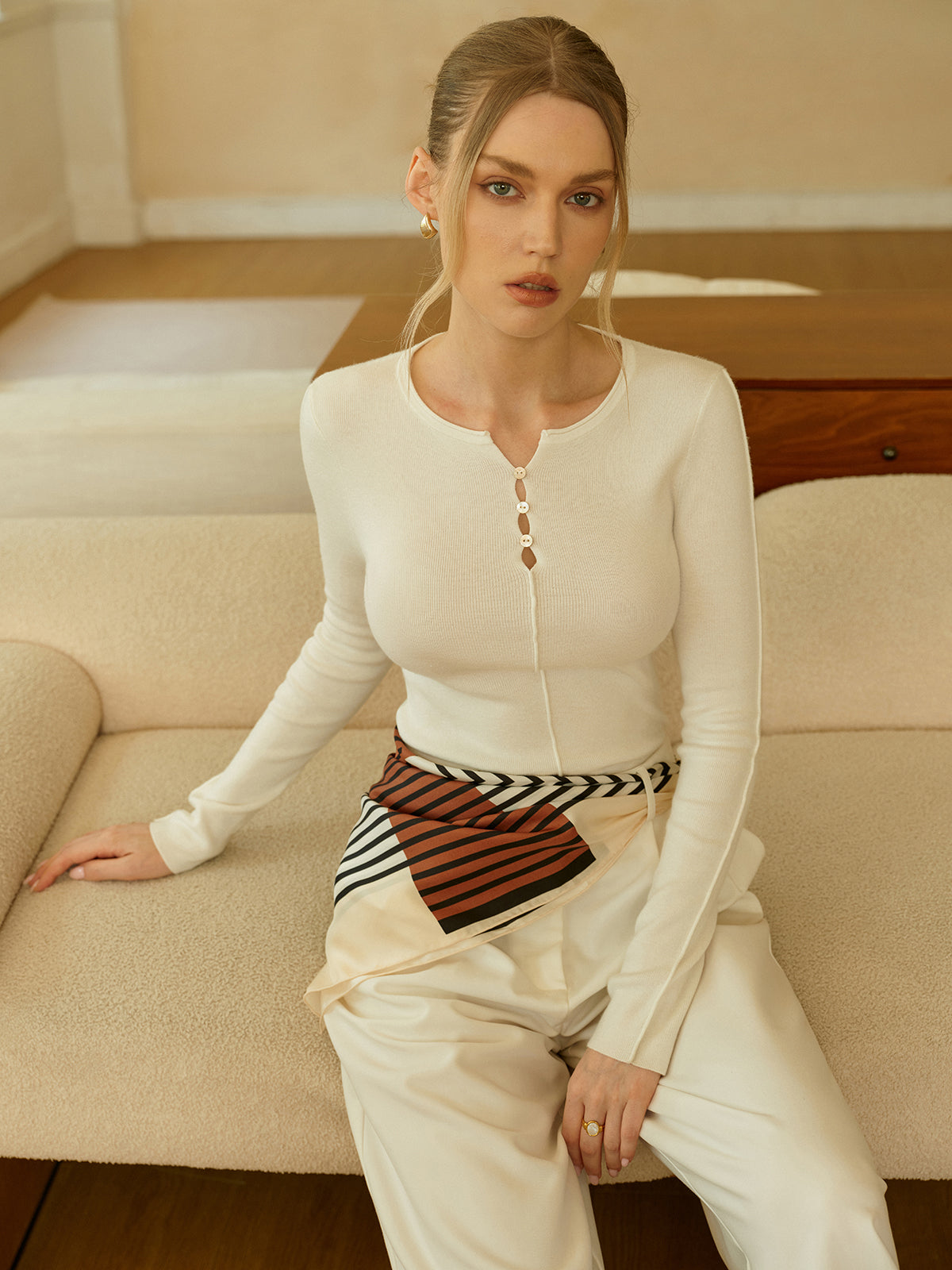 Wool Blend Button-Detailed Neck Sweater-Massicos