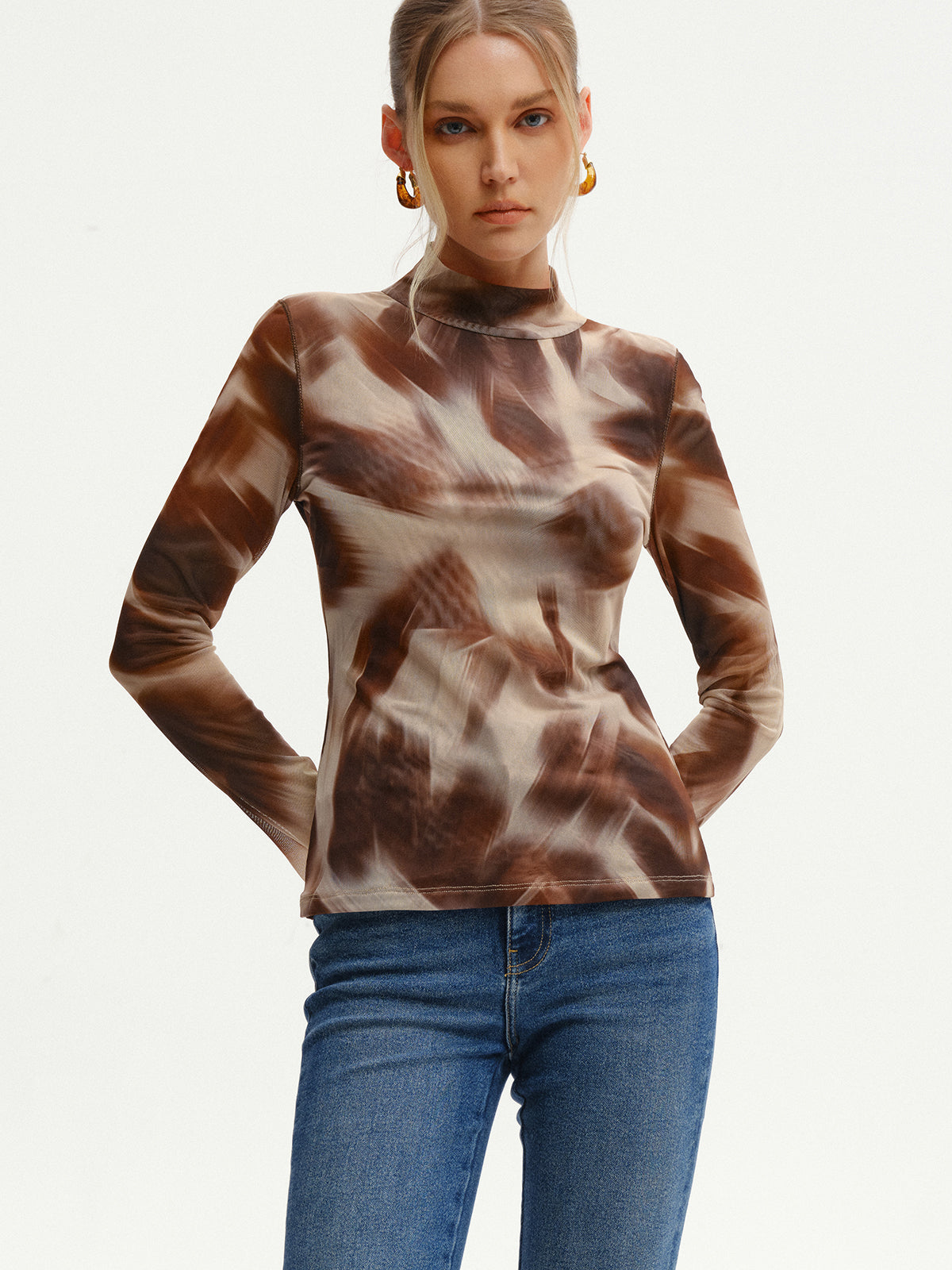 Abstract Print Mesh Long Sleeve T-Shirt-Massicos