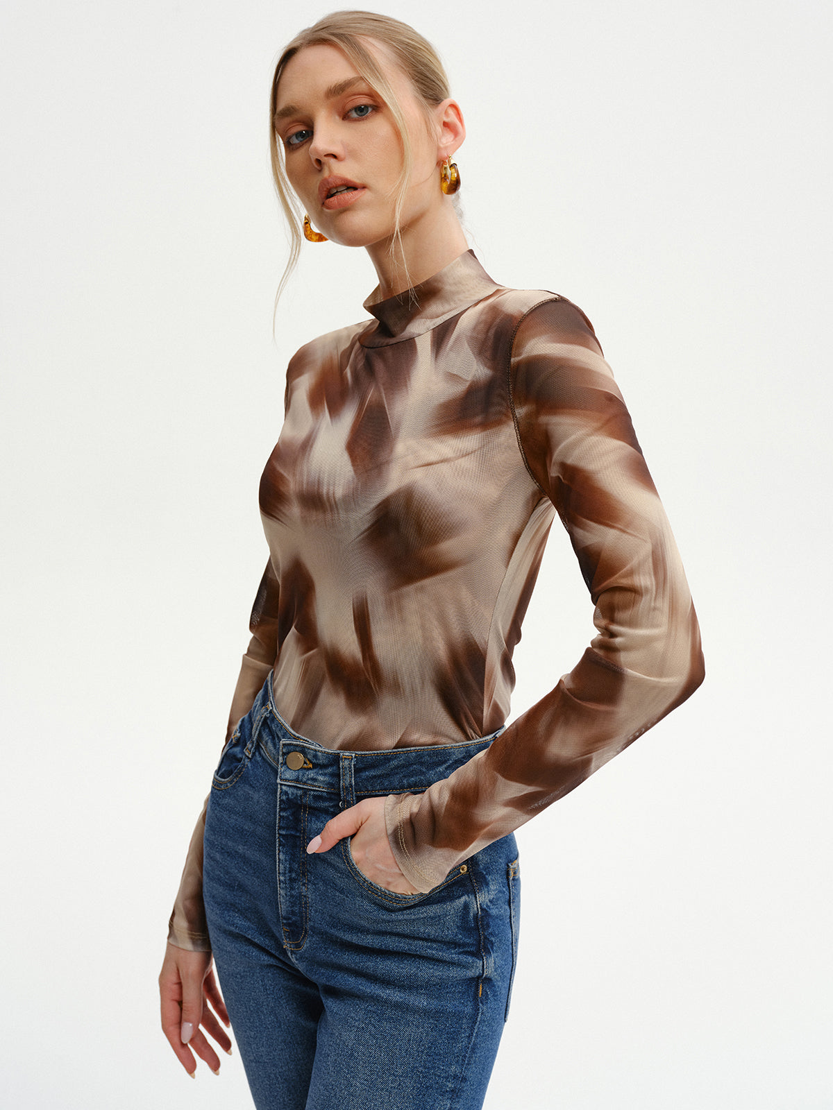 Abstract Print Mesh Long Sleeve T-Shirt-Massicos