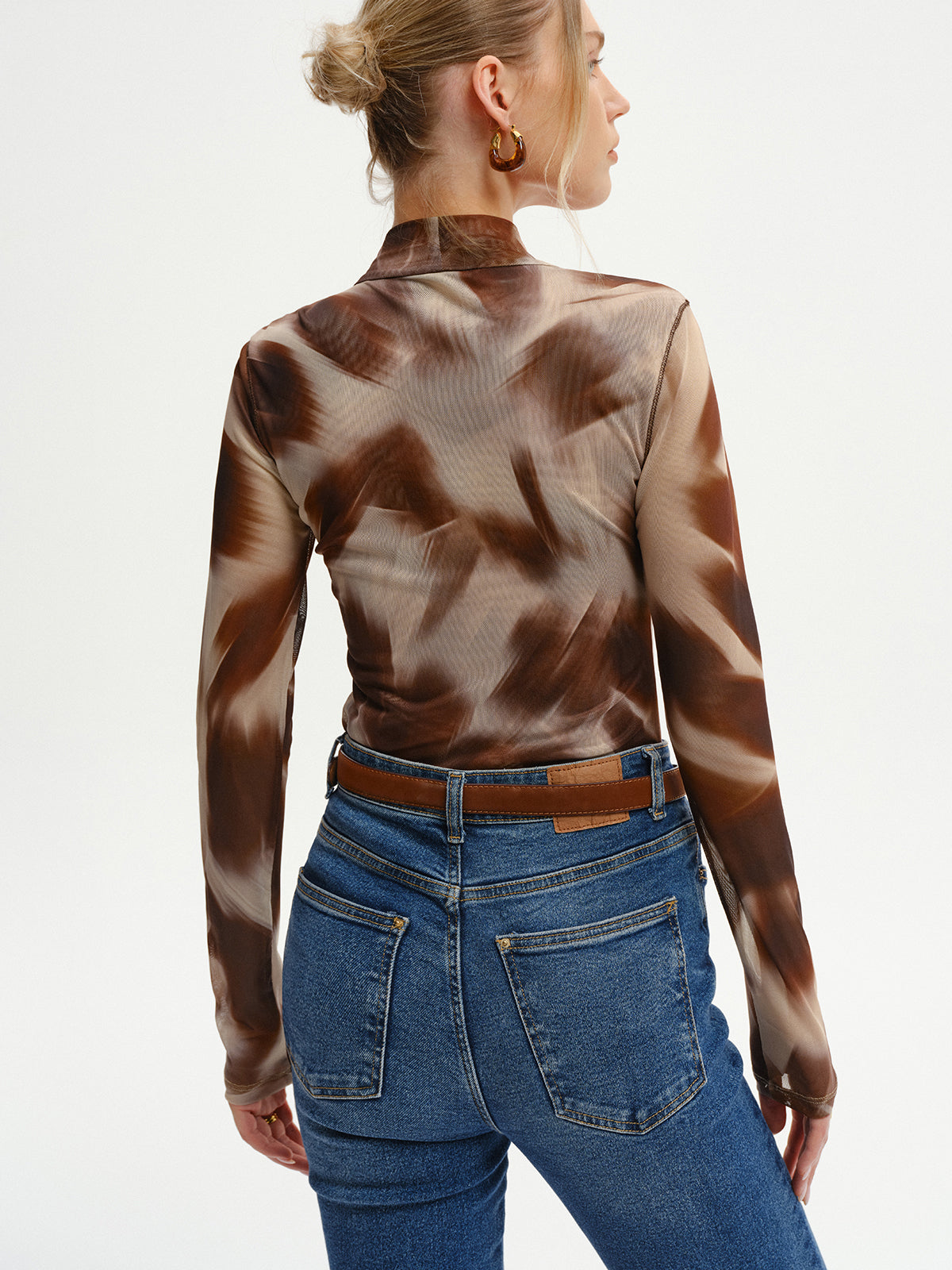 Abstract Print Mesh Long Sleeve T-Shirt-Massicos