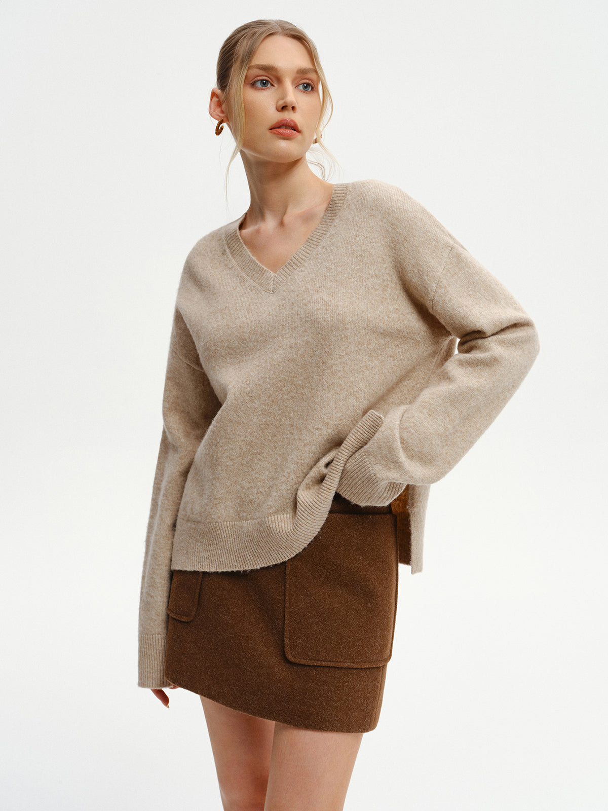 Wool-Blend V-Neck Sweater with Side Slit-Massicos