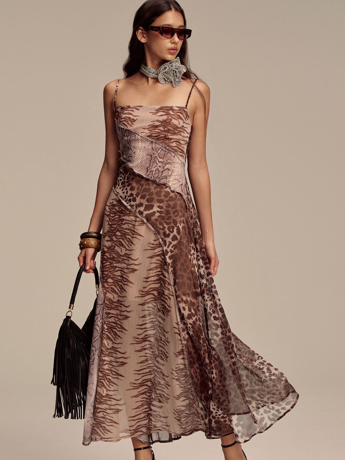 Animal Print Panel Semi-Sheer Mesh Maxi Dress-Massicos