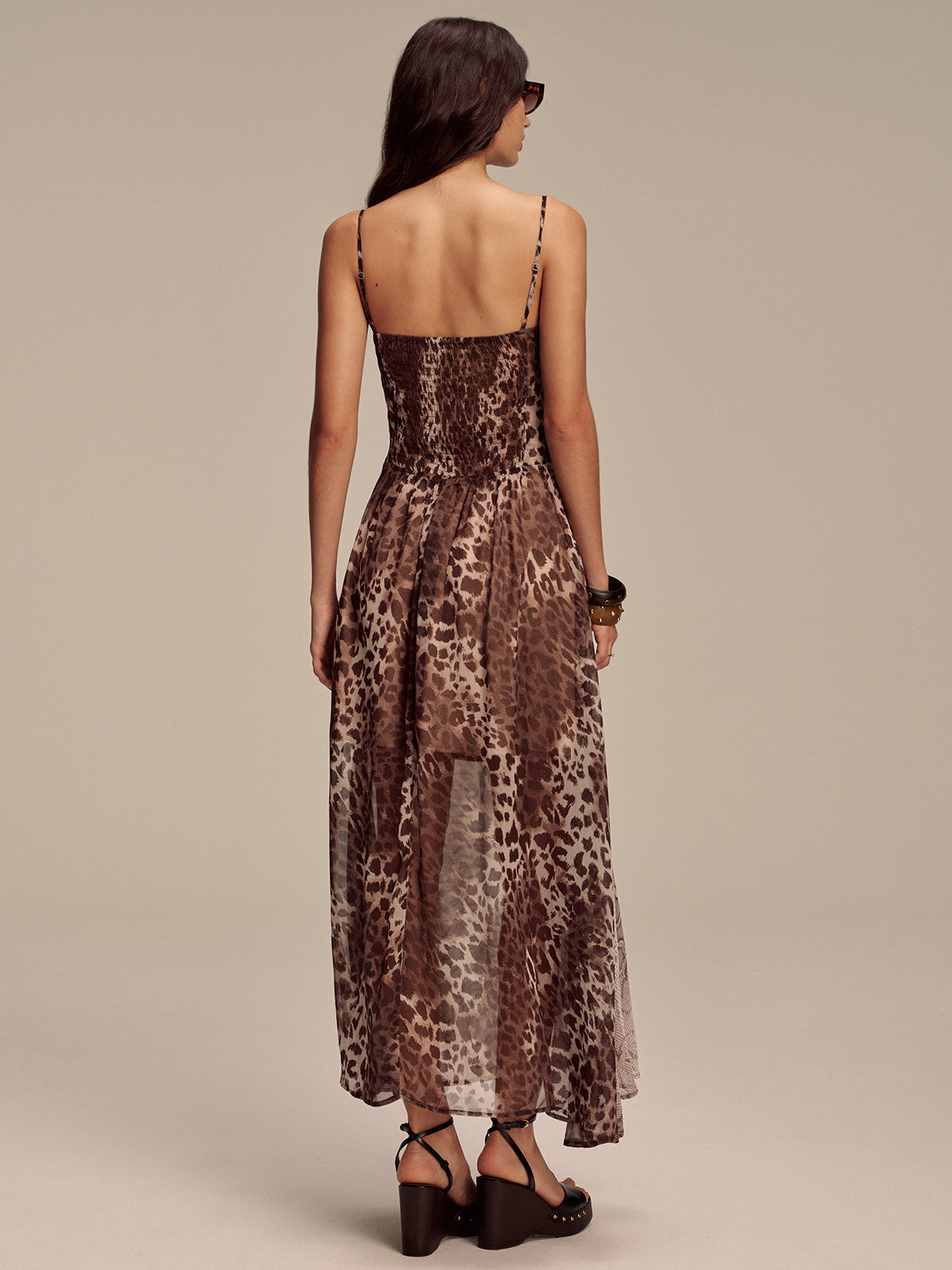 Animal Print Panel Semi-Sheer Mesh Maxi Dress-Massicos