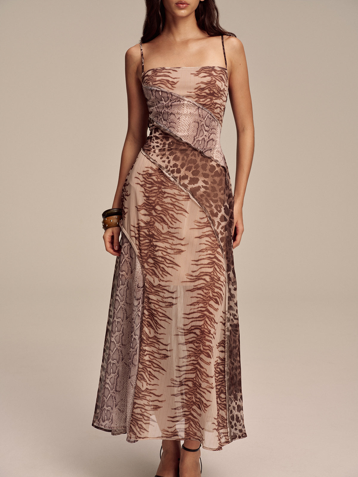 Animal Print Panel Semi-Sheer Mesh Maxi Dress-Massicos
