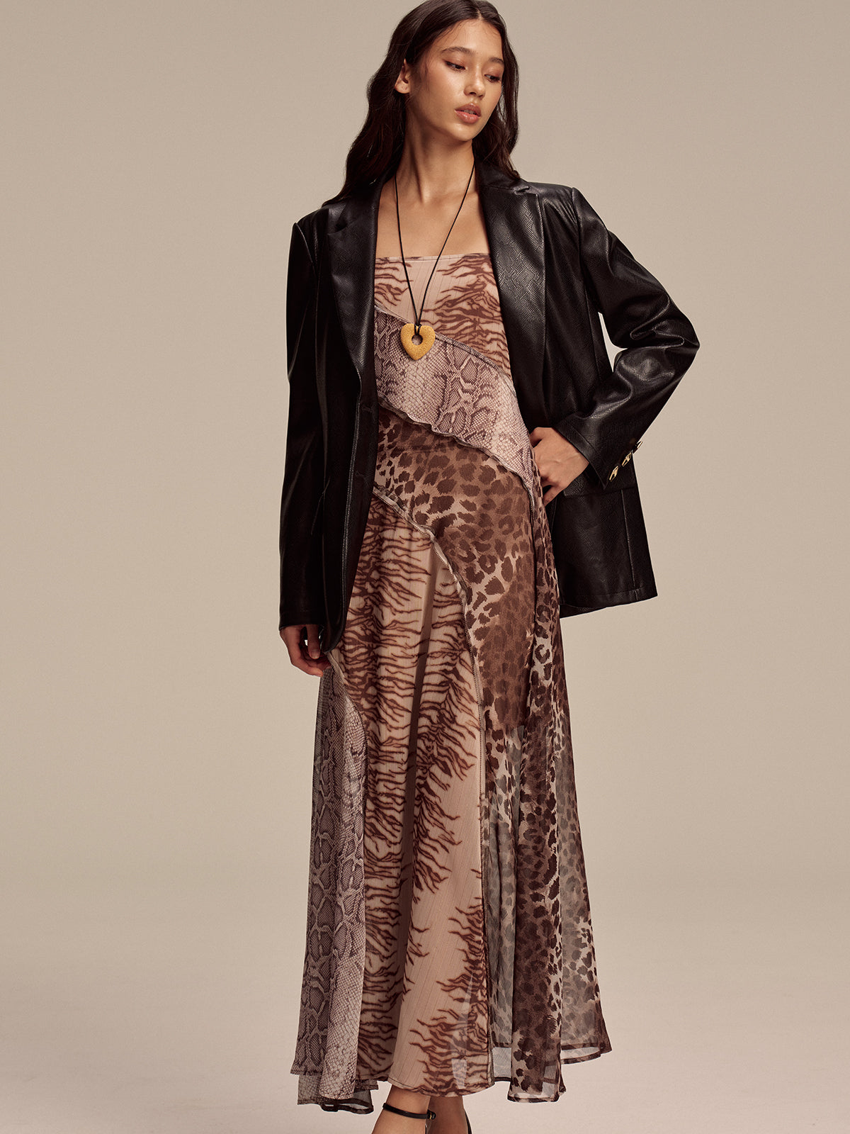 Animal Print Panel Semi-Sheer Mesh Maxi Dress-Massicos