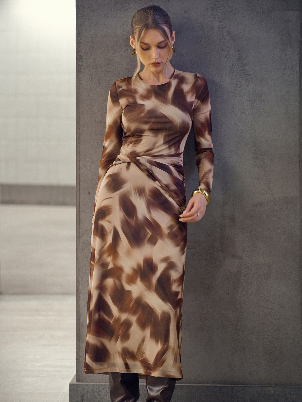 Abstract Print Twisted Mesh Midi Dress-Massicos