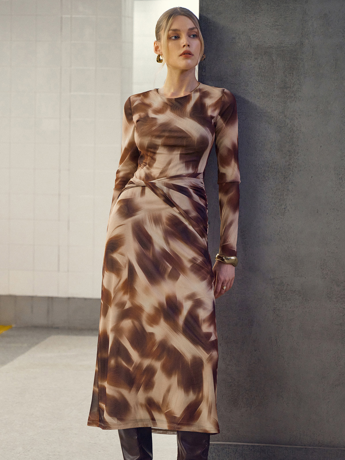 Abstract Print Twisted Mesh Midi Dress-Massicos