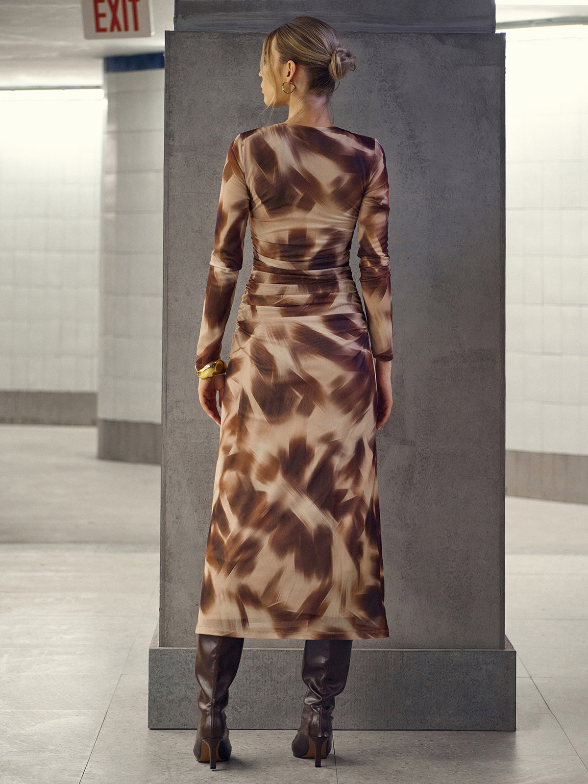 Abstract Print Twisted Mesh Midi Dress-Massicos