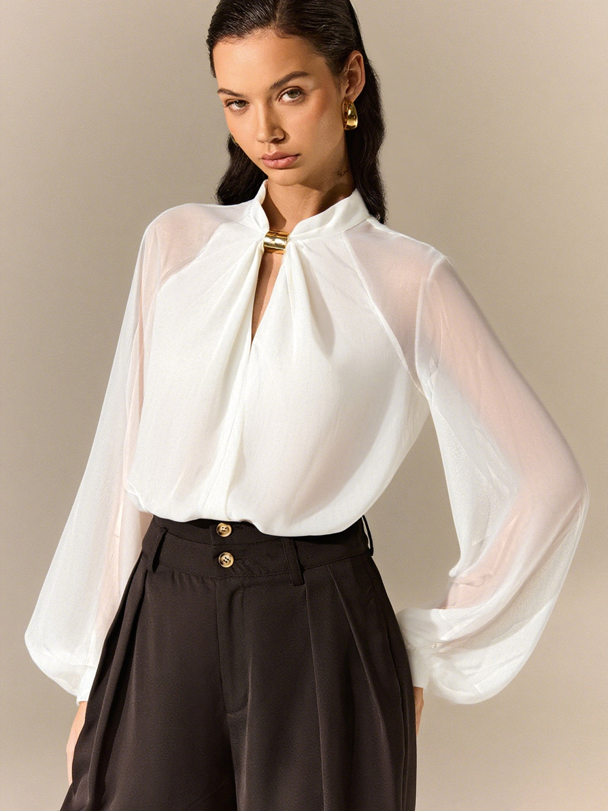 Semi-Sheer Chiffon Blouse with Neckline Metal Detail-Massicos