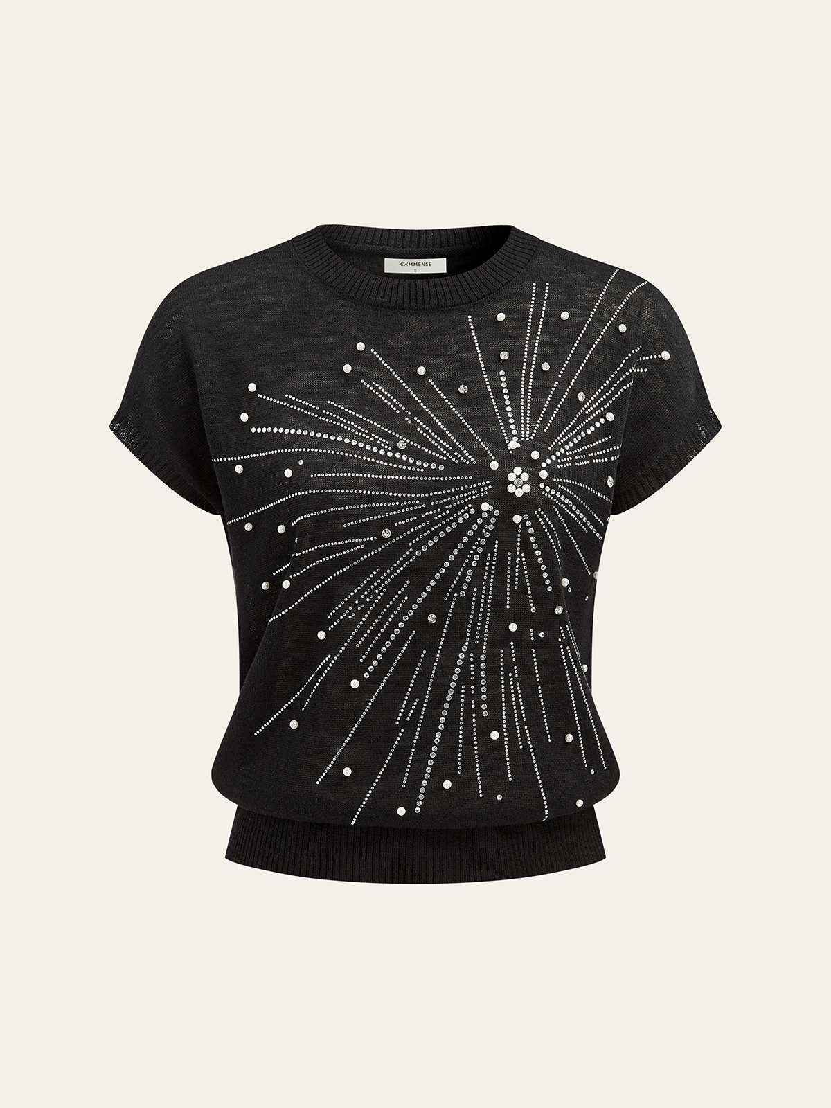 Rhinestone & Pearl Firework Pattern Knit Top-Massicos