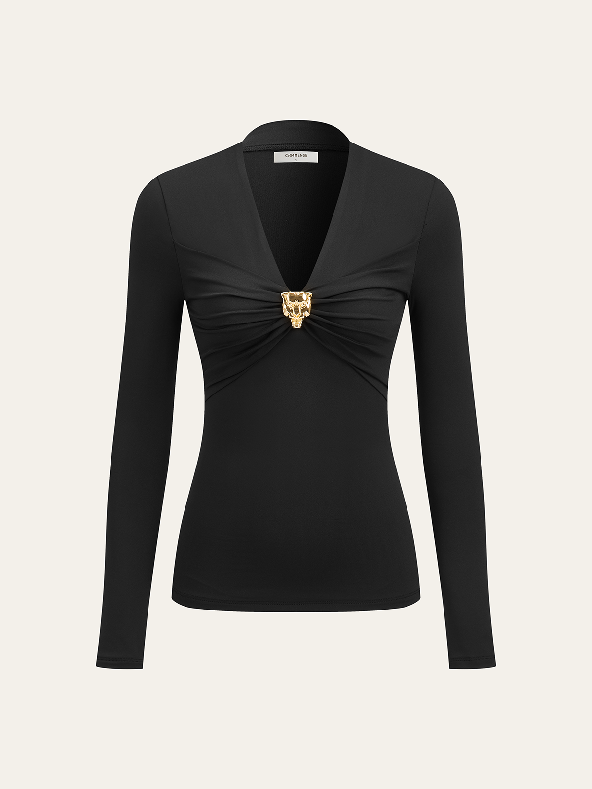 Metal Detail V-Neck Long Sleeve Blouse-Massicos