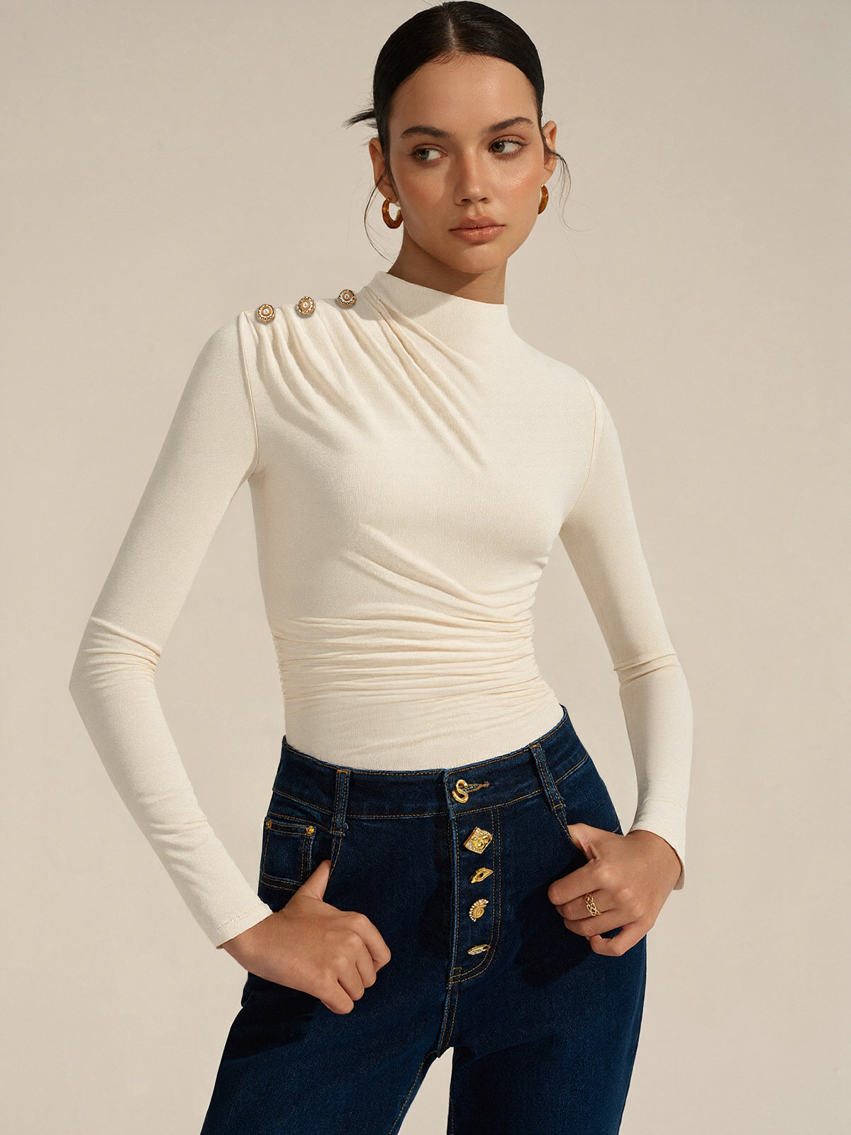 Ruched Shoulder-Decor Long Sleeve Bodysuit-Massicos