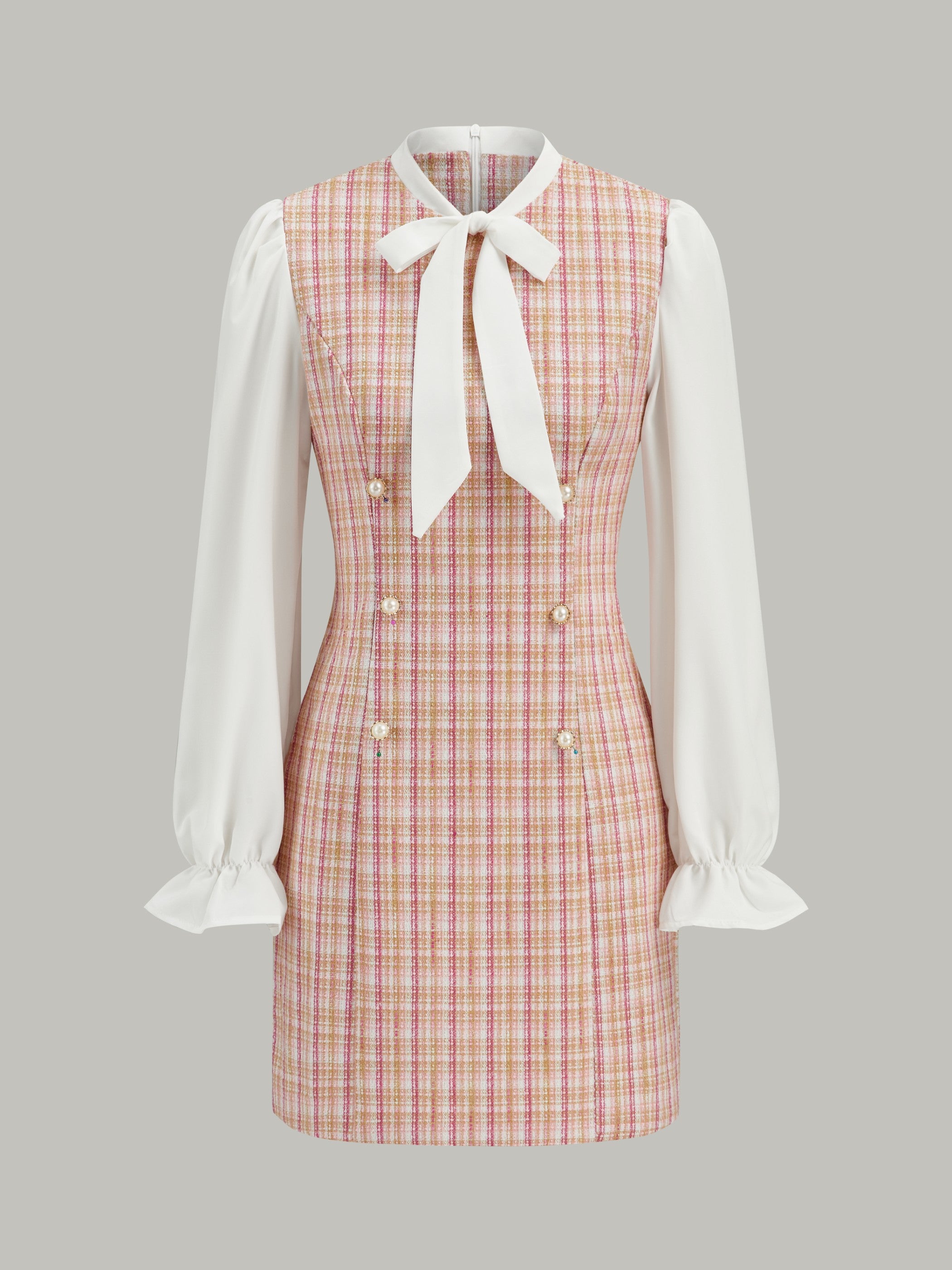 Bow Neckline Tweed Paneled Mini Dress-Massicos