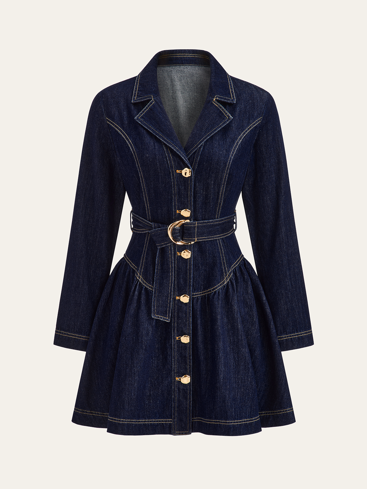 Metal Button Belted Denim Flare Mini Dress-Massicos