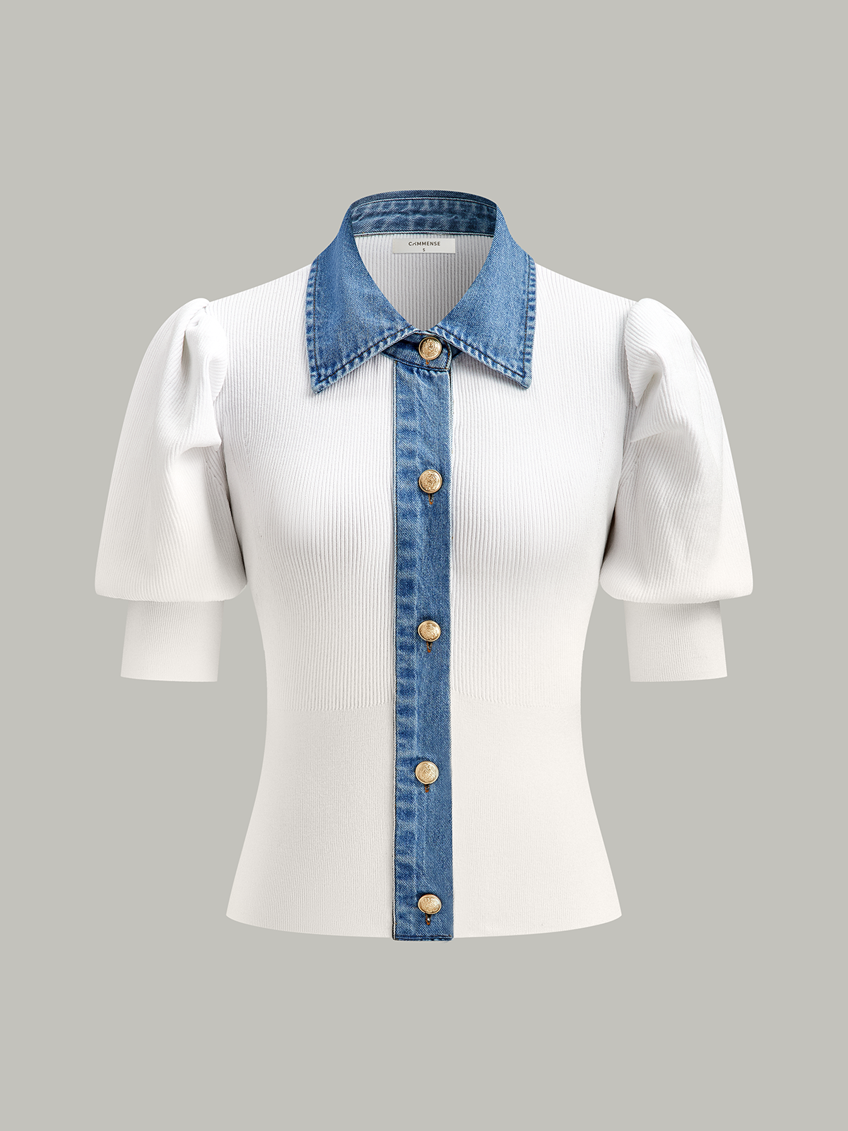 Knitted and Denim Contrast Button Top-Massicos