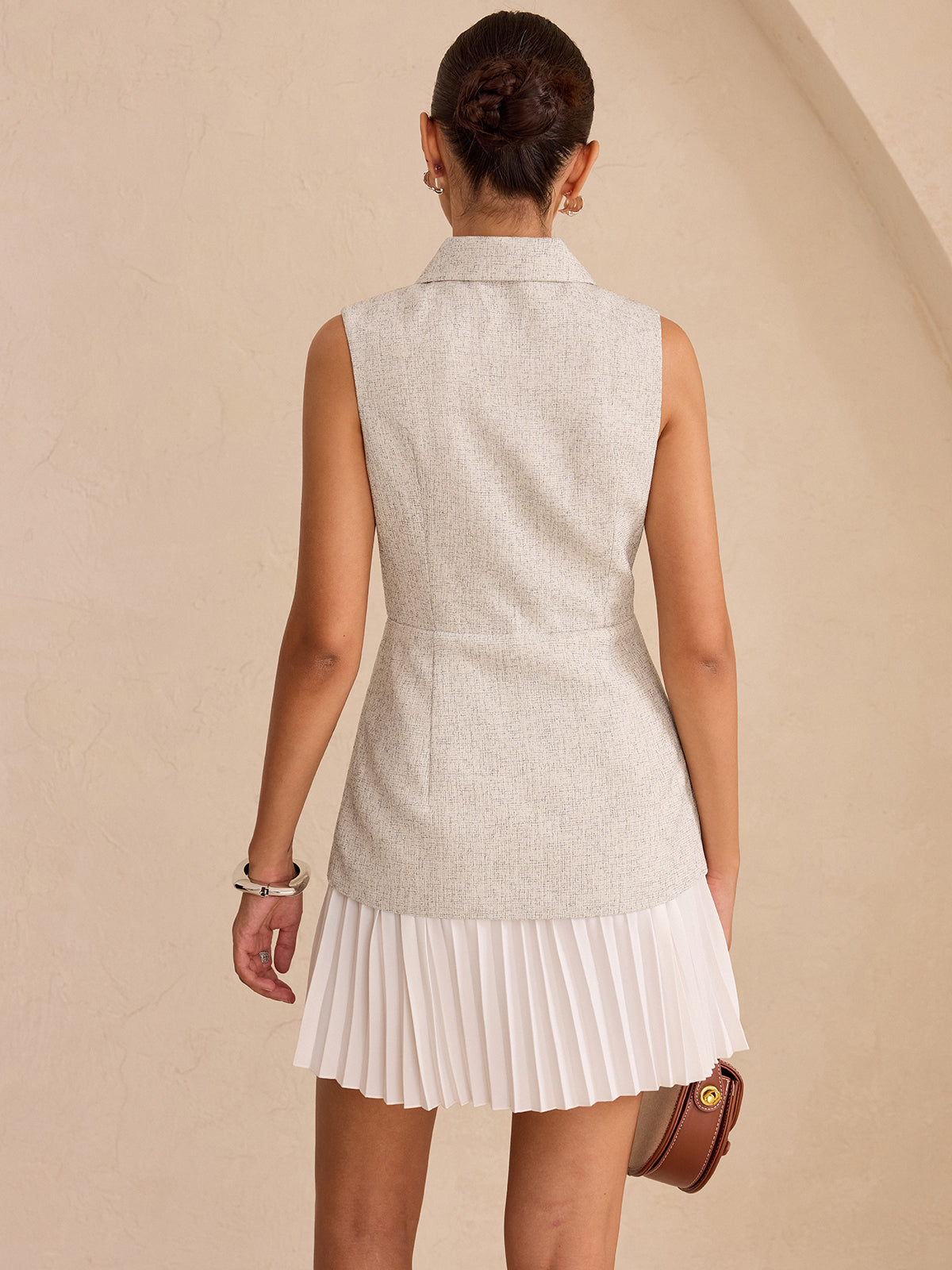 Sleeveless Collared Top Panel Pleated Skirt Mini Dress-Massicos