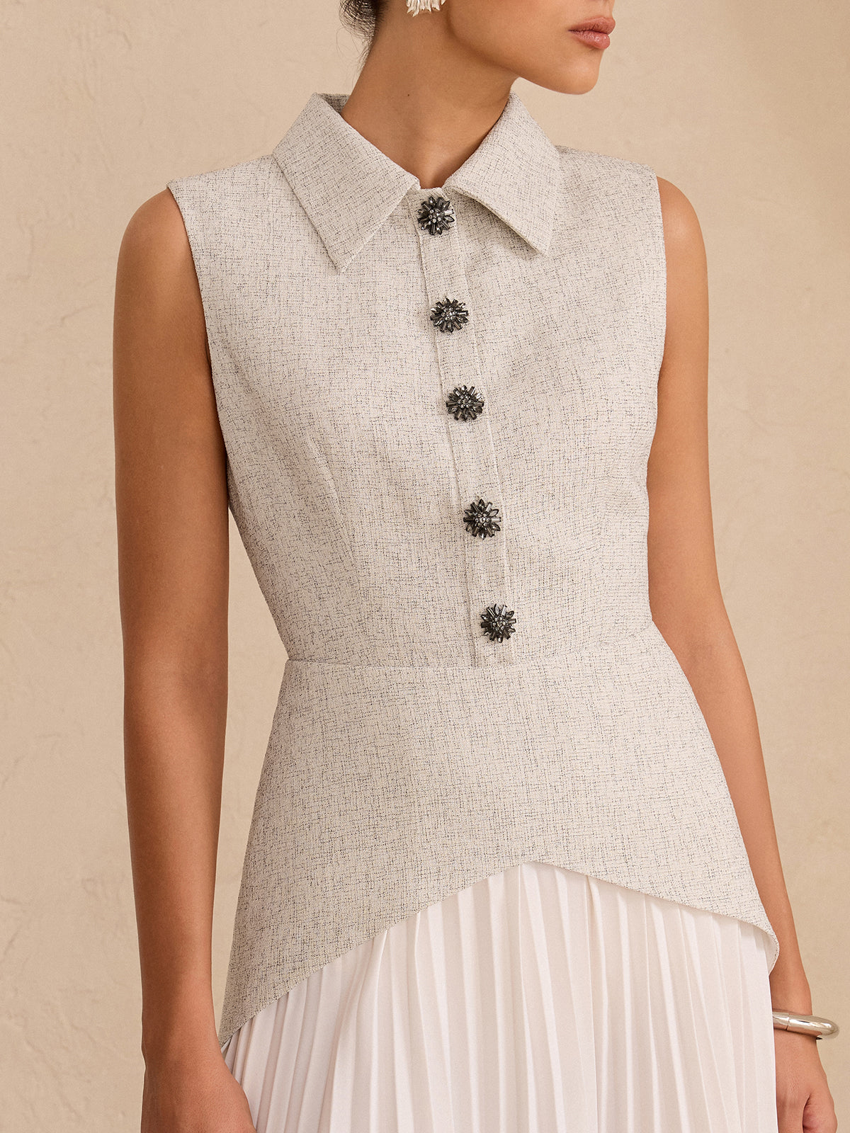 Sleeveless Collared Top Panel Pleated Skirt Mini Dress-Massicos