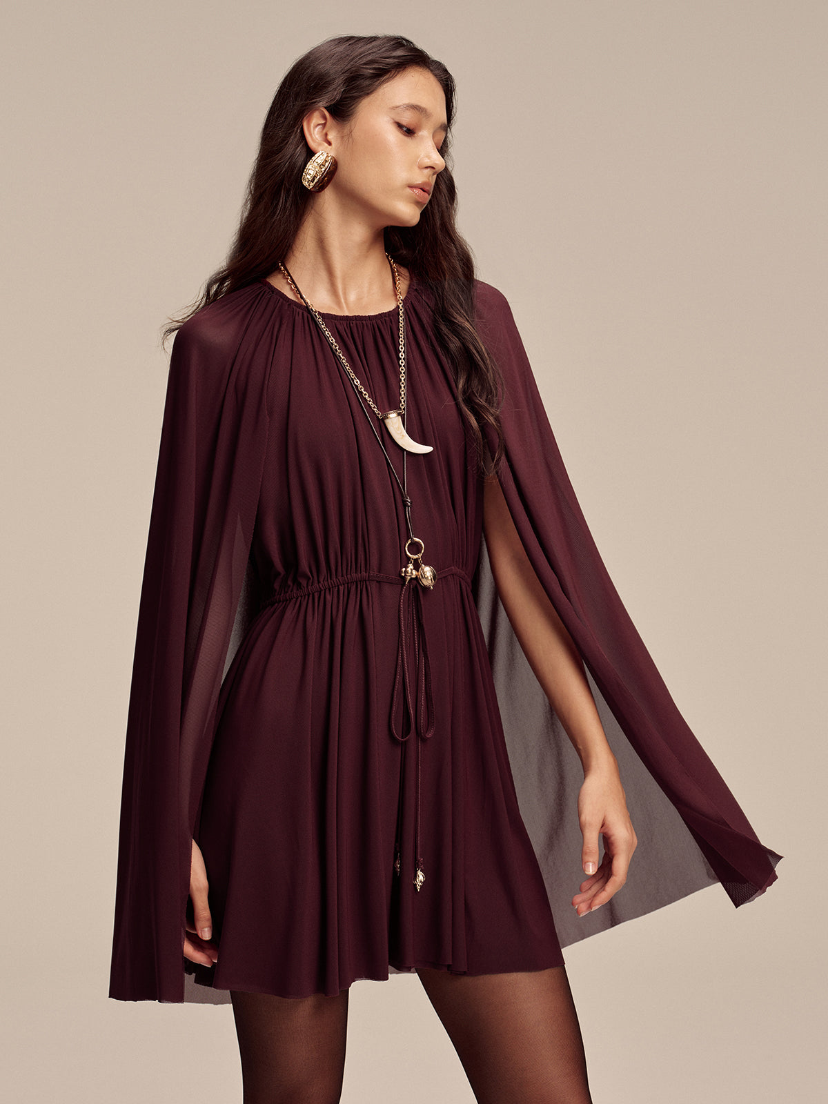 Mesh Cape Sleeve Tie-Waist Mini Dress-Massicos