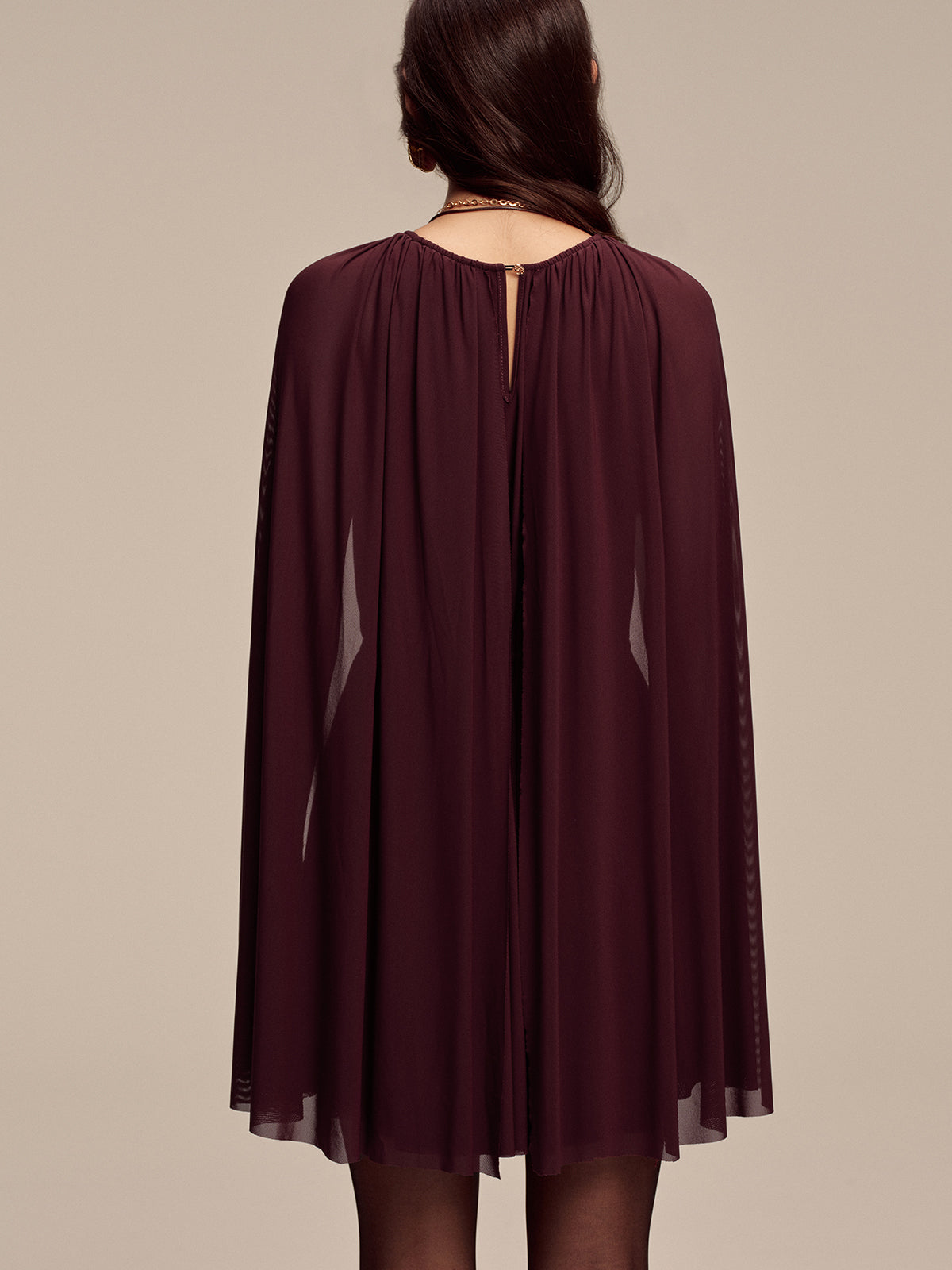 Mesh Cape Sleeve Tie-Waist Mini Dress-Massicos