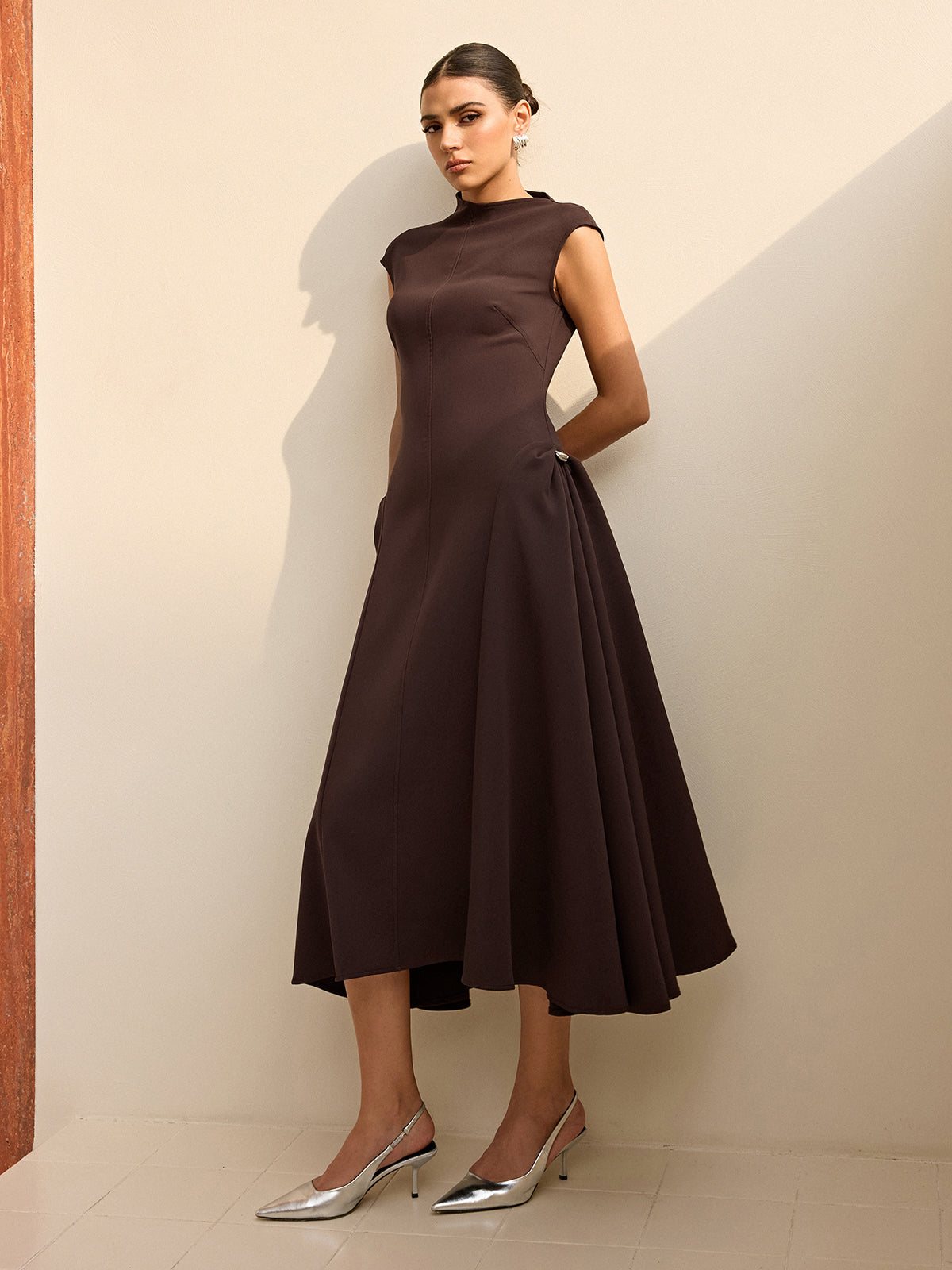 Asymmetrical Neck Cap Sleeve Maxi Dress-Massicos