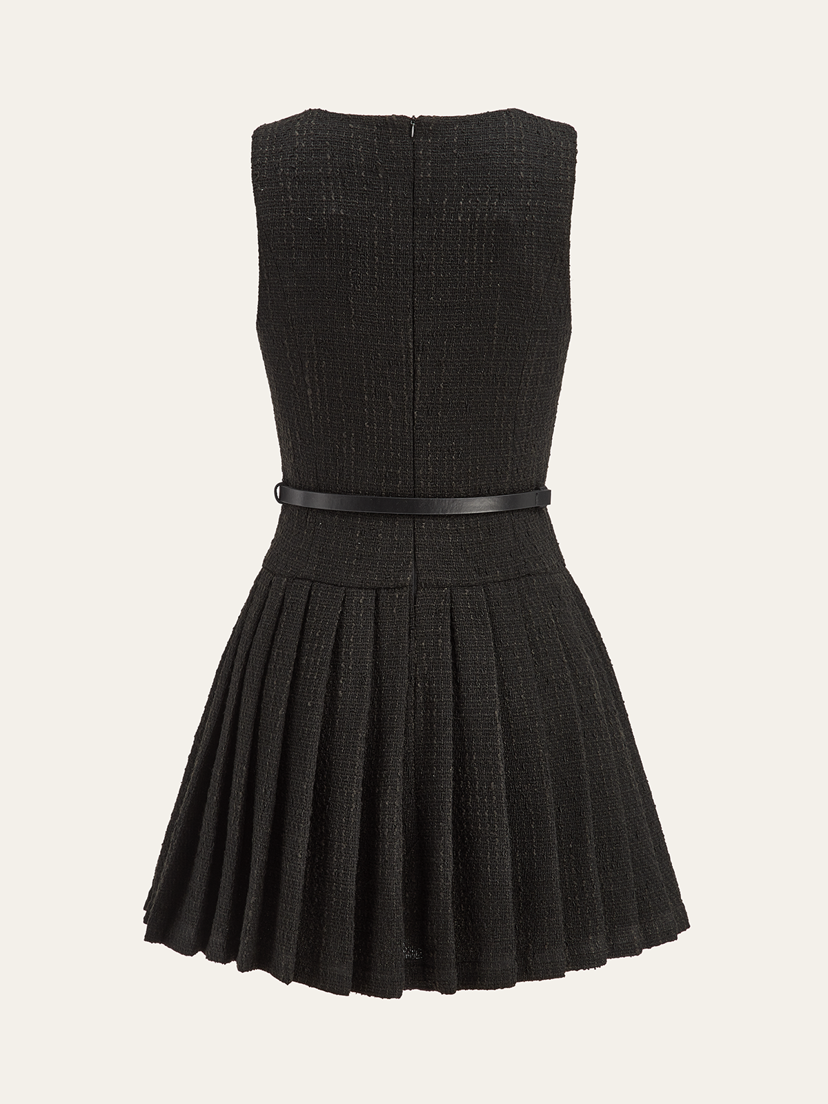 Tweed Sleeveless Pleated Mini Dress with Belt-Massicos
