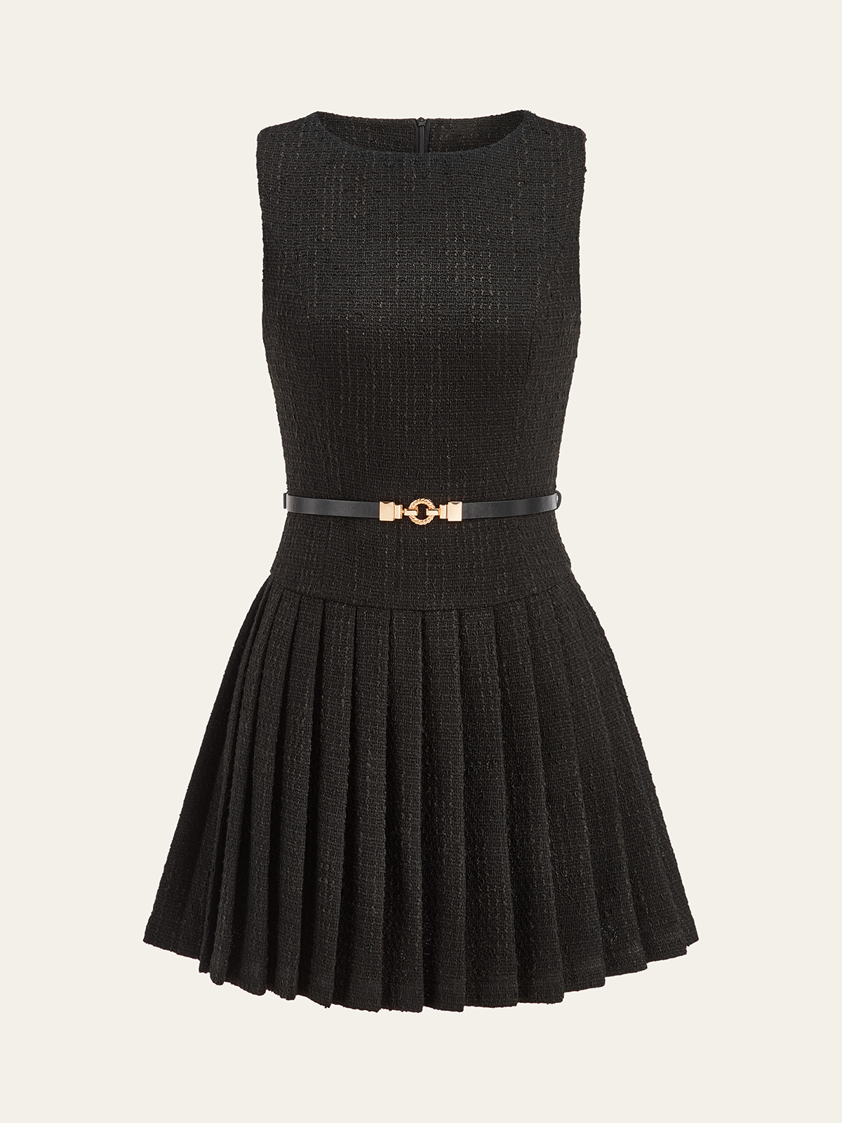 Tweed Sleeveless Pleated Mini Dress with Belt-Massicos