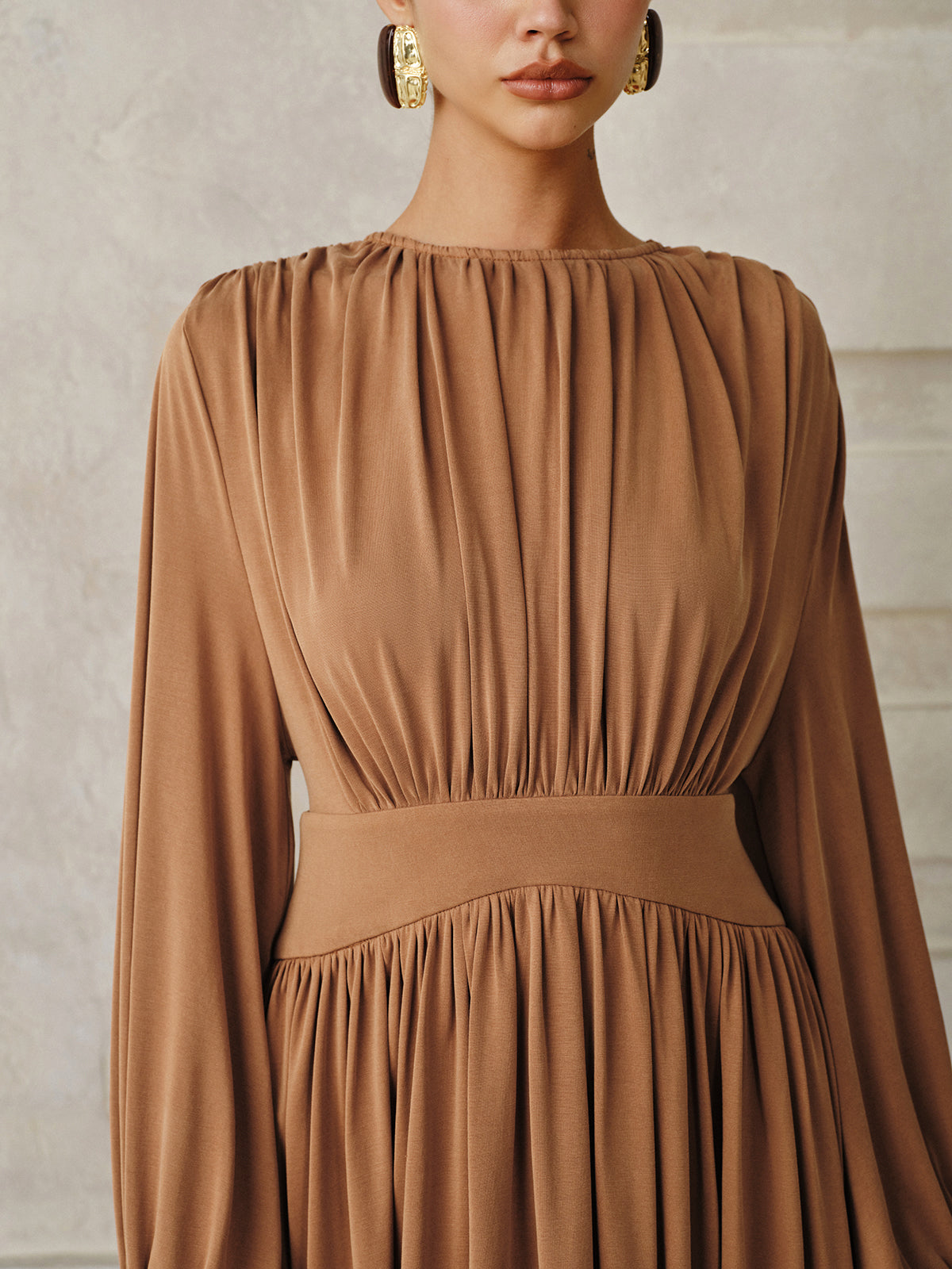 Long-Sleeve Pleated Asymmetric Midi Dress-Massicos