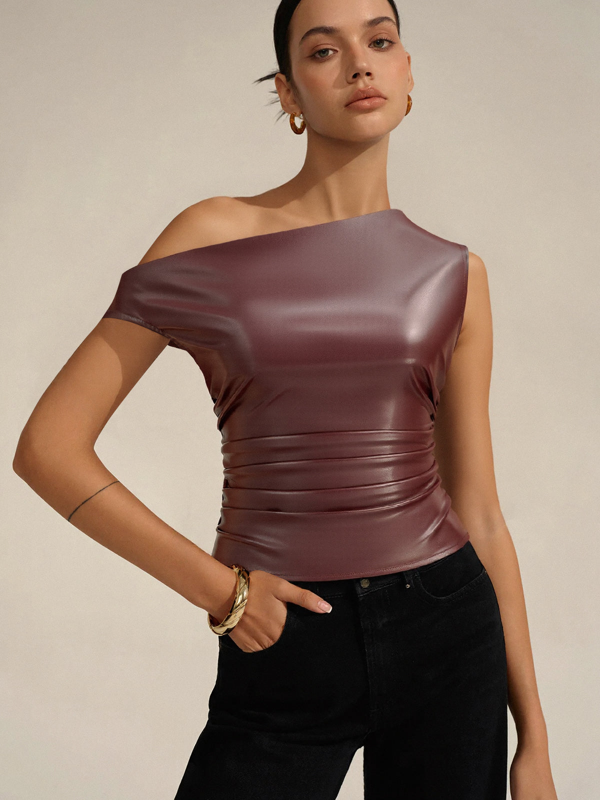 One-Shoulder PU Leather Tank Top-Massicos