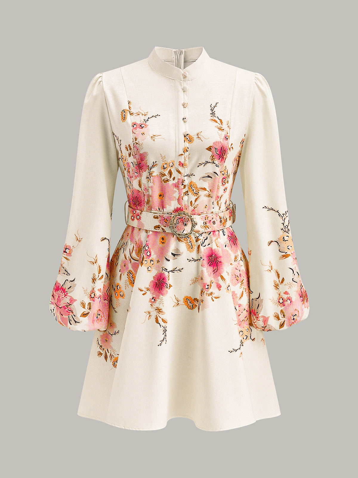 Floral Print Button Detail Dress With Belt-Massicos