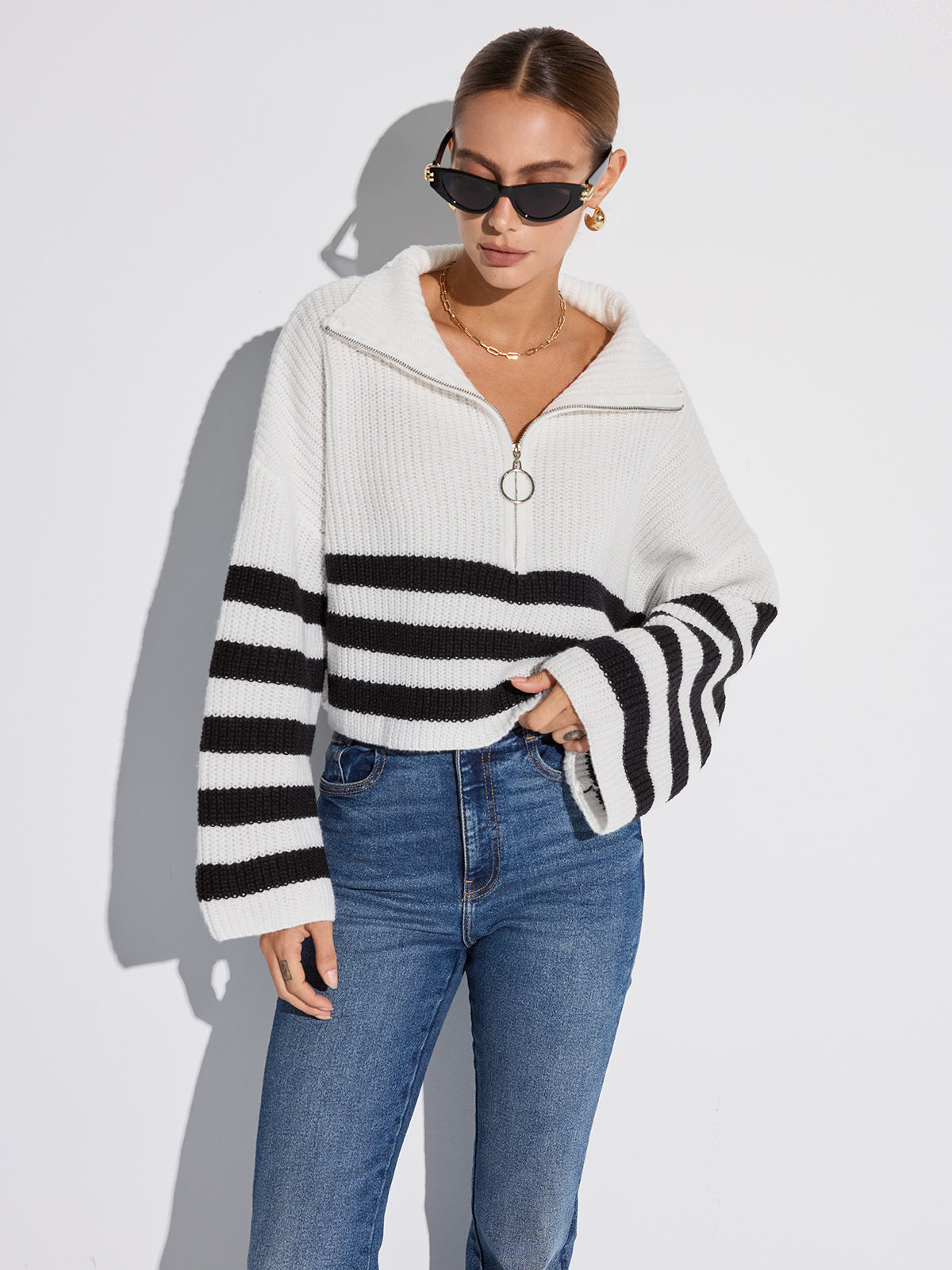Half-Zip Striped Oversized Sweater-Massicos