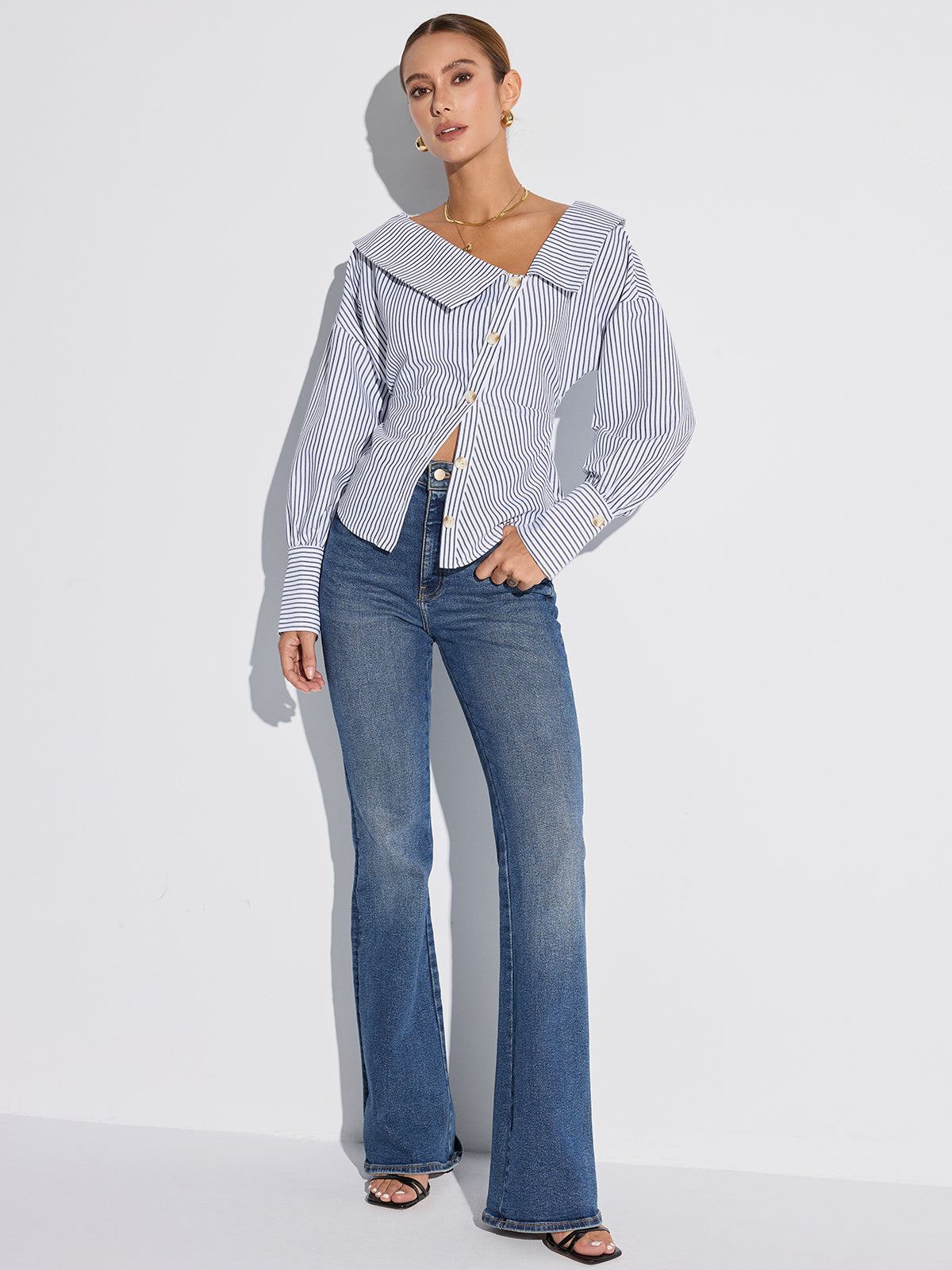 Striped Asymmetrical Placket Button Shirt-Massicos