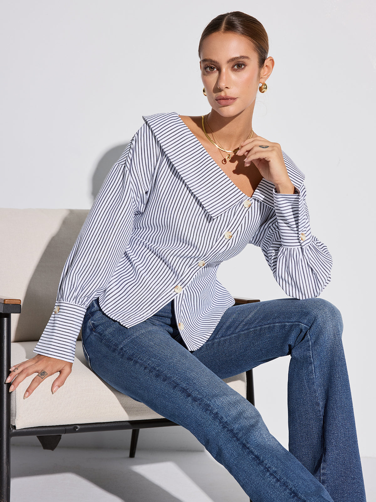 Striped Asymmetrical Placket Button Shirt-Massicos